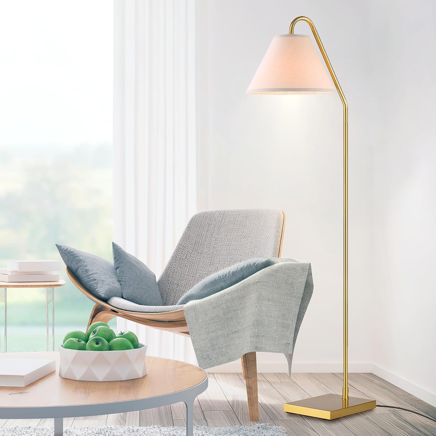 image:imageGlobe Electric 61000150 60 Floor Lamp Antique Brass Finish Beige Fabric Shade MidCentury Modern Standing Lamp E26 Base Sustainable Design for Living Rooms and BedroomsMatte Brass OffWhite Fabric Shade