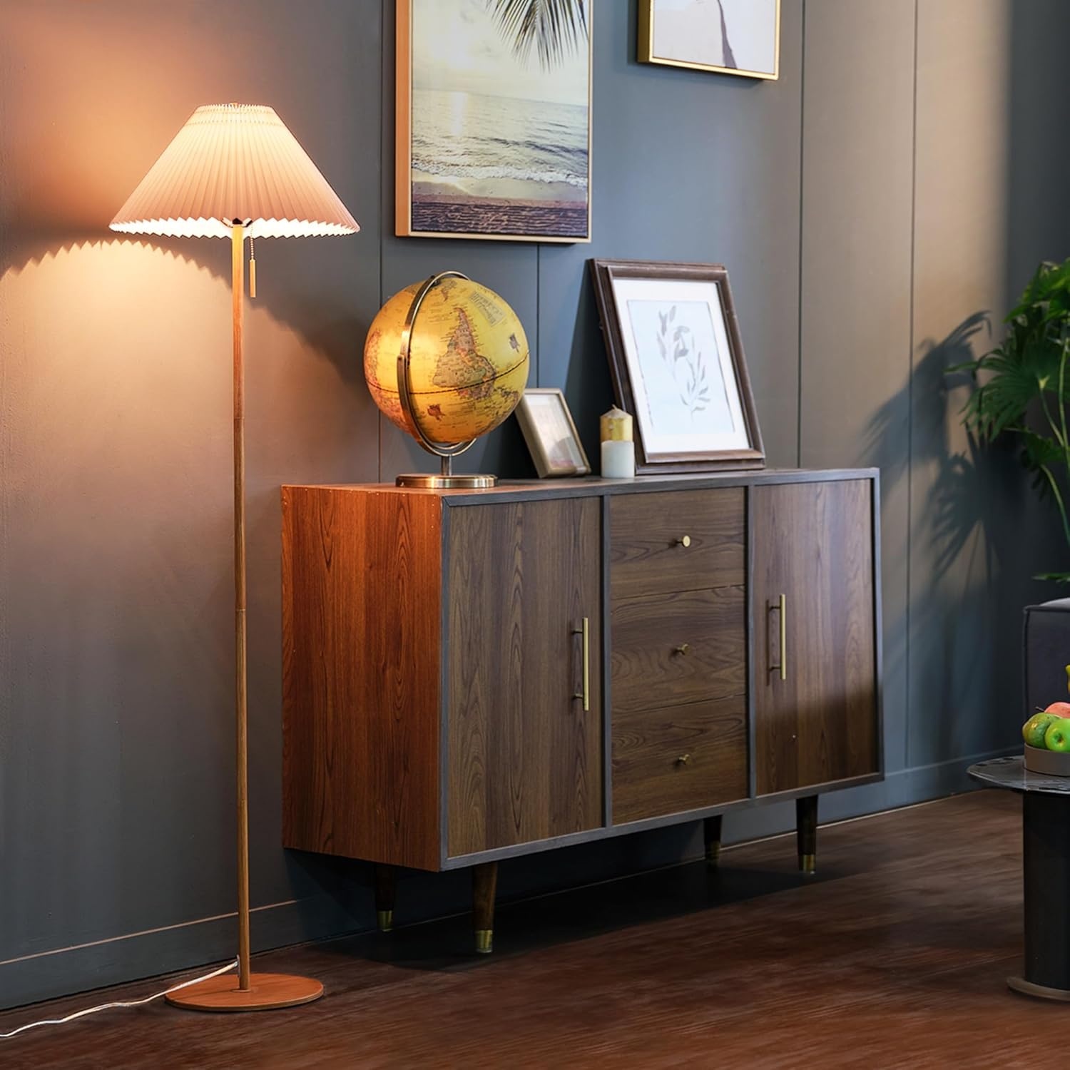 image:imageGlobe Electric 61000150 60 Floor Lamp Antique Brass Finish Beige Fabric Shade MidCentury Modern Standing Lamp E26 Base Sustainable Design for Living Rooms and BedroomsWood Toned Oren