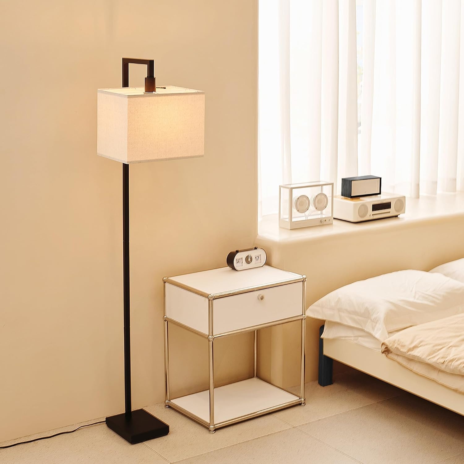 image:imageGlobe Electric 61000150 60 Floor Lamp Antique Brass Finish Beige Fabric Shade MidCentury Modern Standing Lamp E26 Base Sustainable Design for Living Rooms and BedroomsMatte Black Metalic