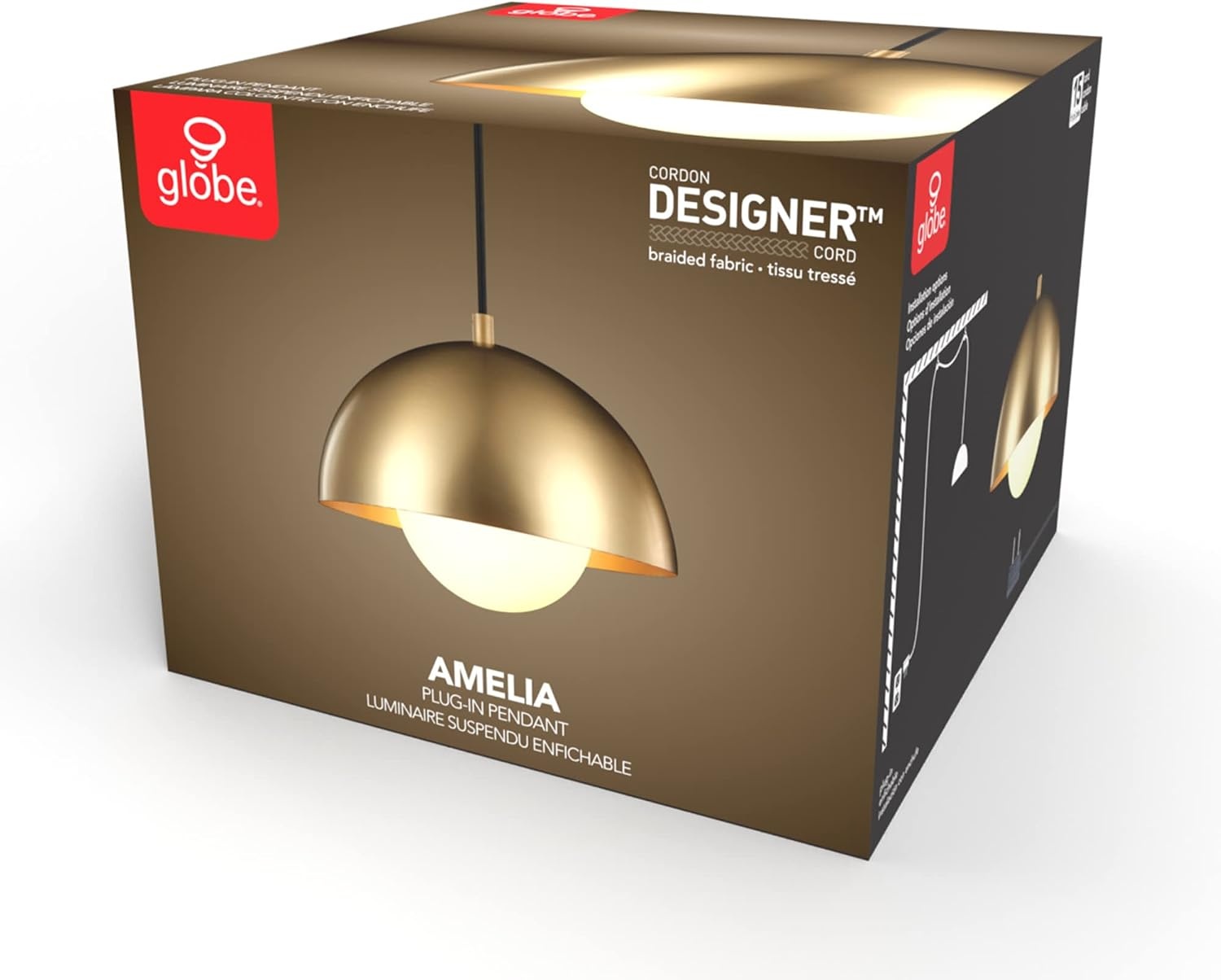 image:imageGlobe Electric 61261 1Light Pendant Lighting Matte Brass Black Cloth Cord 60W Vintage Edison Incandescent Bulb Included E26 Base Socket Kitchen Island Caf Decorative Ceiling Hanging LightAmelia Brass