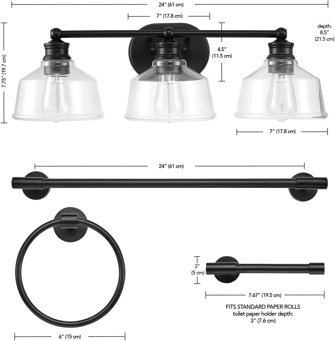 image:imageGlobe Electric 63000200 22 3Light Vanity Light Matte Black Matte Brass Accents Glass Shades Beauty Room Accessories Lights for Bathroom Powder Room Lighting Bathroom Lights Over MirrorMatte Black Clear Glass Shades