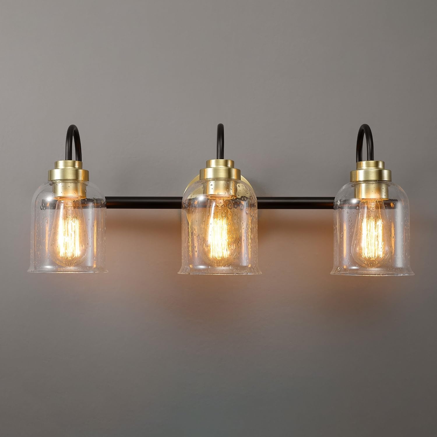 image:imageGlobe Electric 63000200 22 3Light Vanity Light Matte Black Matte Brass Accents Glass Shades Beauty Room Accessories Lights for Bathroom Powder Room Lighting Bathroom Lights Over MirrorMatte Black Seeded Glass