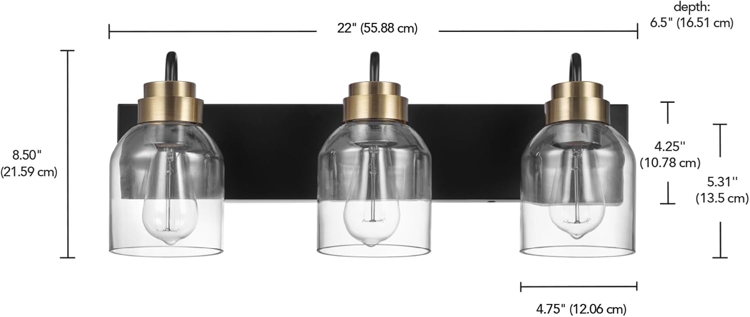 image:imageGlobe Electric 63000200 22 3Light Vanity Light Matte Black Matte Brass Accents Glass Shades Beauty Room Accessories Lights for Bathroom Powder Room Lighting Bathroom Lights Over MirrorTerra Black