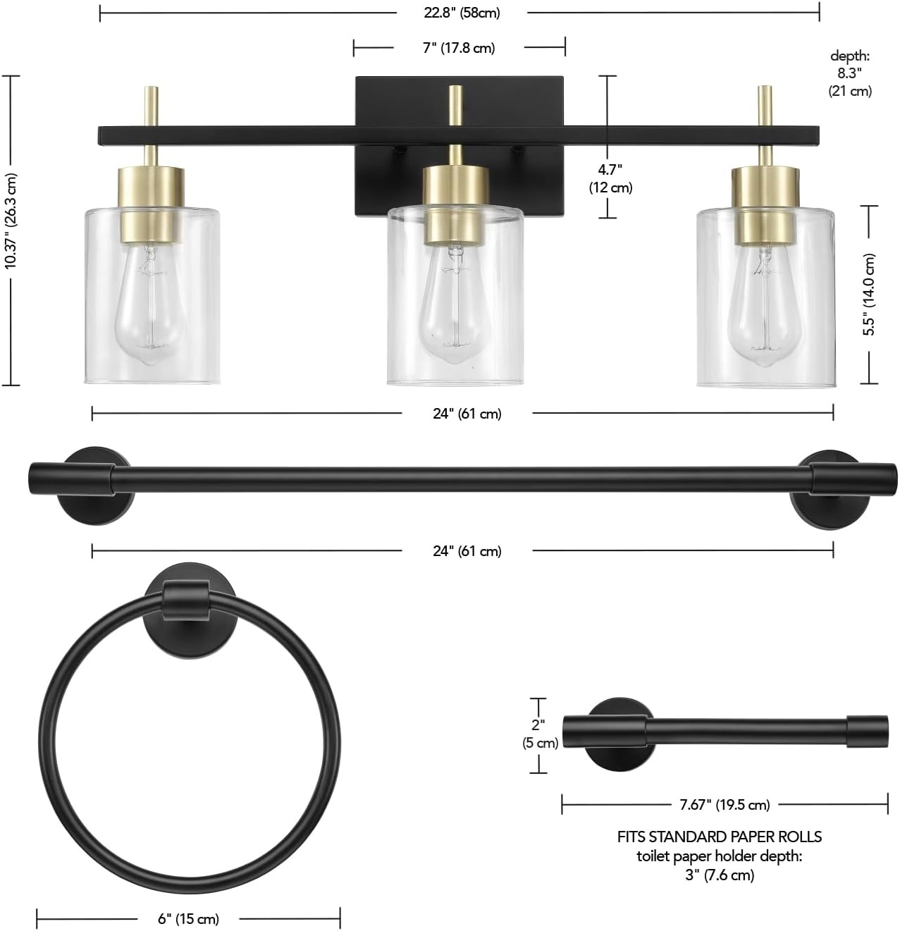 image:imageGlobe Electric 63000200 22 3Light Vanity Light Matte Black Matte Brass Accents Glass Shades Beauty Room Accessories Lights for Bathroom Powder Room Lighting Bathroom Lights Over MirrorMatte Black Matte Brass Accents