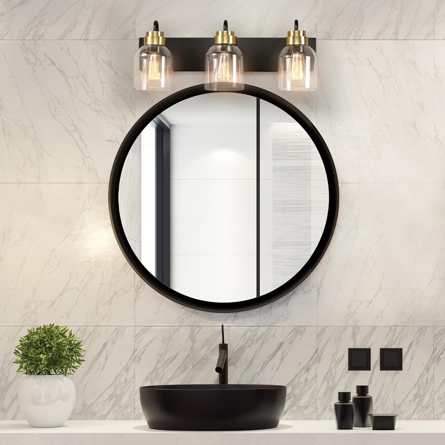 image:imageGlobe Electric 63000200 22 3Light Vanity Light Matte Black Matte Brass Accents Glass Shades Beauty Room Accessories Lights for Bathroom Powder Room Lighting Bathroom Lights Over MirrorTerra Black