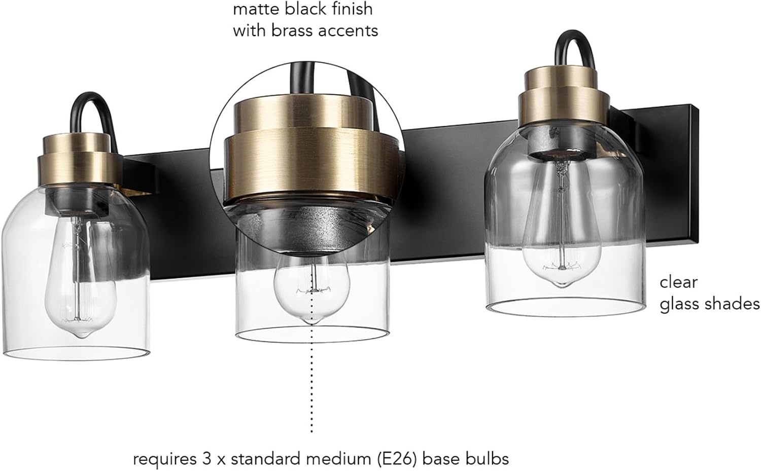 image:imageGlobe Electric 63000200 22 3Light Vanity Light Matte Black Matte Brass Accents Glass Shades Beauty Room Accessories Lights for Bathroom Powder Room Lighting Bathroom Lights Over MirrorTerra Black