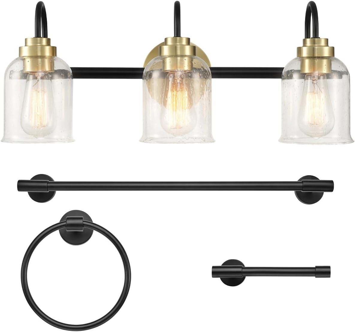 image:imageGlobe Electric 63000200 22 3Light Vanity Light Matte Black Matte Brass Accents Glass Shades Beauty Room Accessories Lights for Bathroom Powder Room Lighting Bathroom Lights Over MirrorMatte Black Seeded Glass