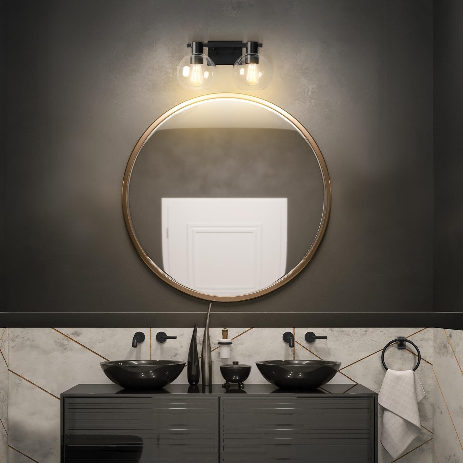image:imageGlobe Electric 63000200 22 3Light Vanity Light Matte Black Matte Brass Accents Glass Shades Beauty Room Accessories Lights for Bathroom Powder Room Lighting Bathroom Lights Over MirrorMatte Black
