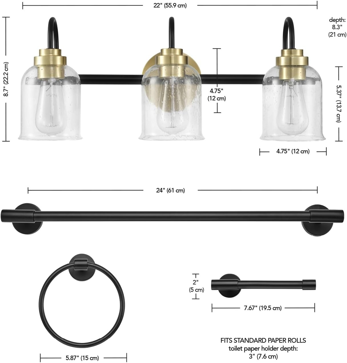 image:imageGlobe Electric 63000200 22 3Light Vanity Light Matte Black Matte Brass Accents Glass Shades Beauty Room Accessories Lights for Bathroom Powder Room Lighting Bathroom Lights Over MirrorMatte Black Seeded Glass