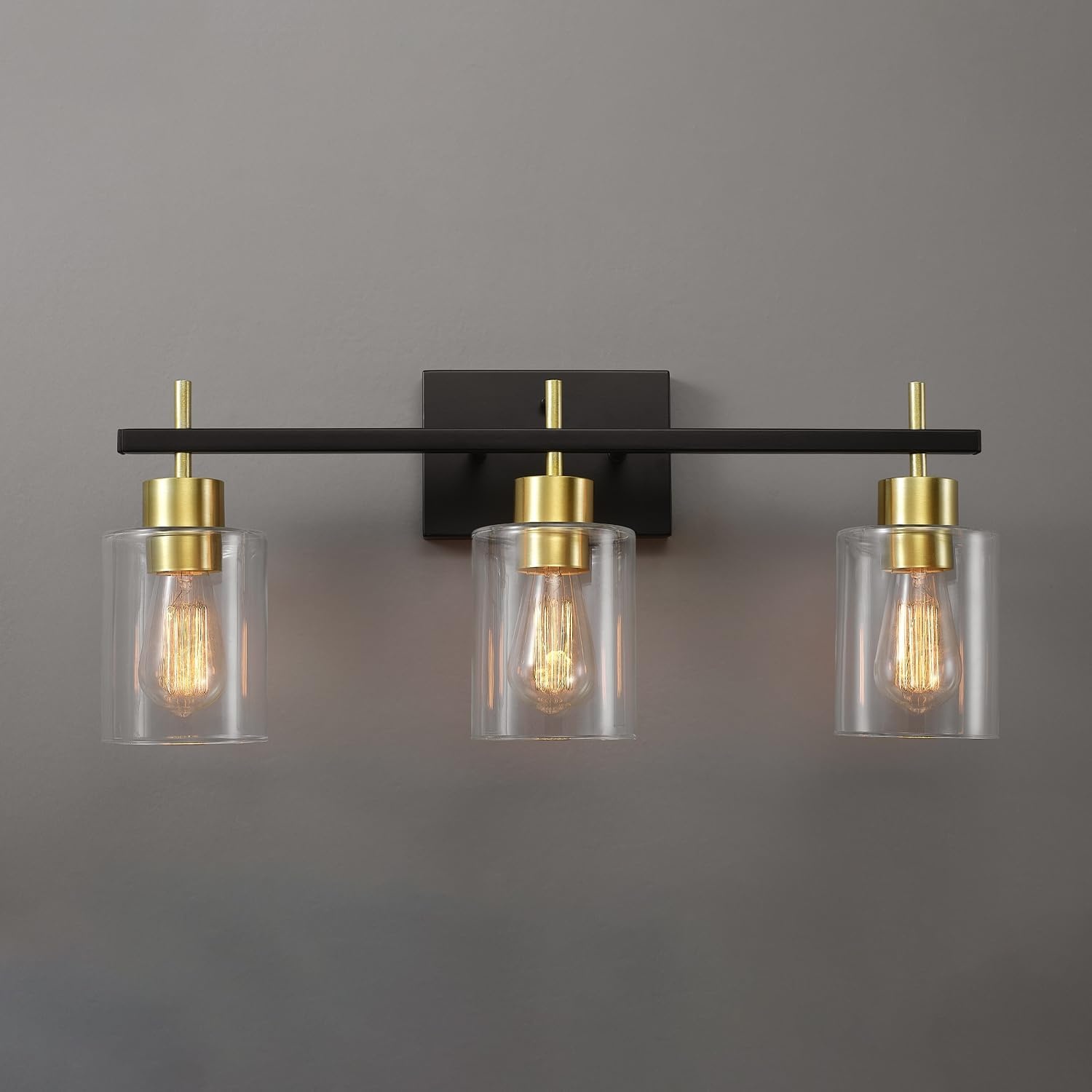 image:imageGlobe Electric 63000200 22 3Light Vanity Light Matte Black Matte Brass Accents Glass Shades Beauty Room Accessories Lights for Bathroom Powder Room Lighting Bathroom Lights Over MirrorMatte Black Matte Brass Accents