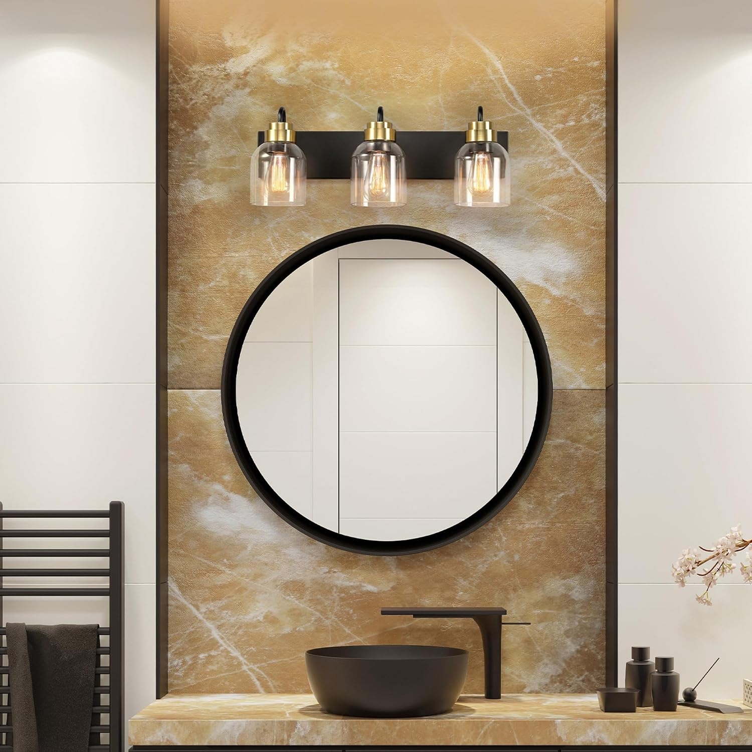 image:imageGlobe Electric 63000200 22 3Light Vanity Light Matte Black Matte Brass Accents Glass Shades Beauty Room Accessories Lights for Bathroom Powder Room Lighting Bathroom Lights Over MirrorTerra Black