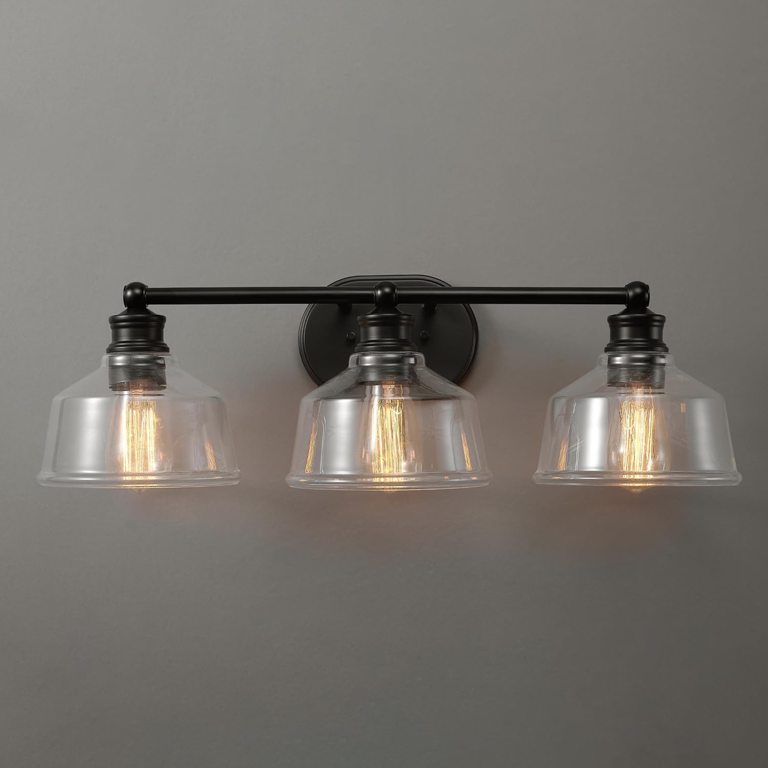 image:imageGlobe Electric 63000200 22 3Light Vanity Light Matte Black Matte Brass Accents Glass Shades Beauty Room Accessories Lights for Bathroom Powder Room Lighting Bathroom Lights Over MirrorMatte Black Clear Glass Shades