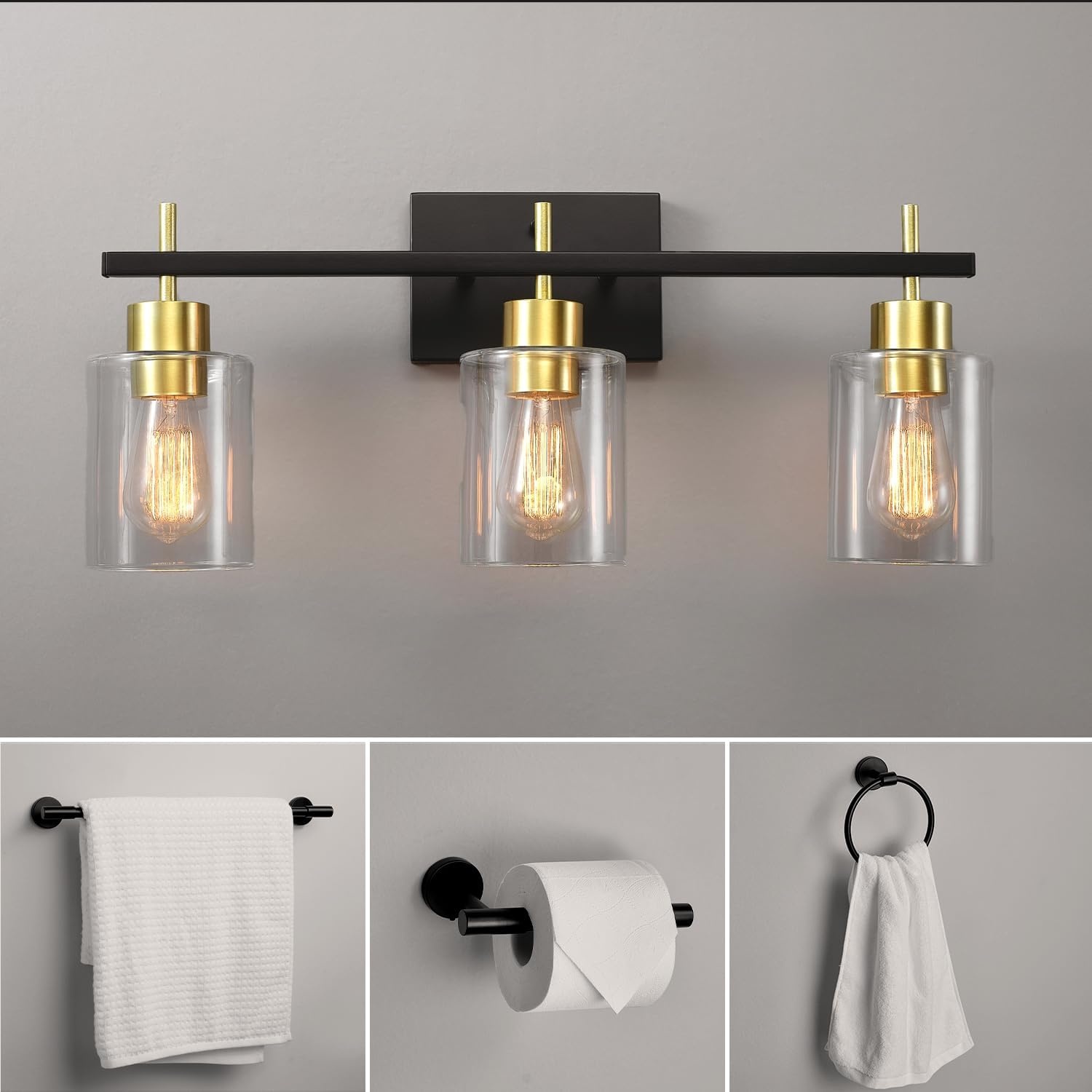image:imageGlobe Electric 63000200 22 3Light Vanity Light Matte Black Matte Brass Accents Glass Shades Beauty Room Accessories Lights for Bathroom Powder Room Lighting Bathroom Lights Over MirrorMatte Black Matte Brass Accents