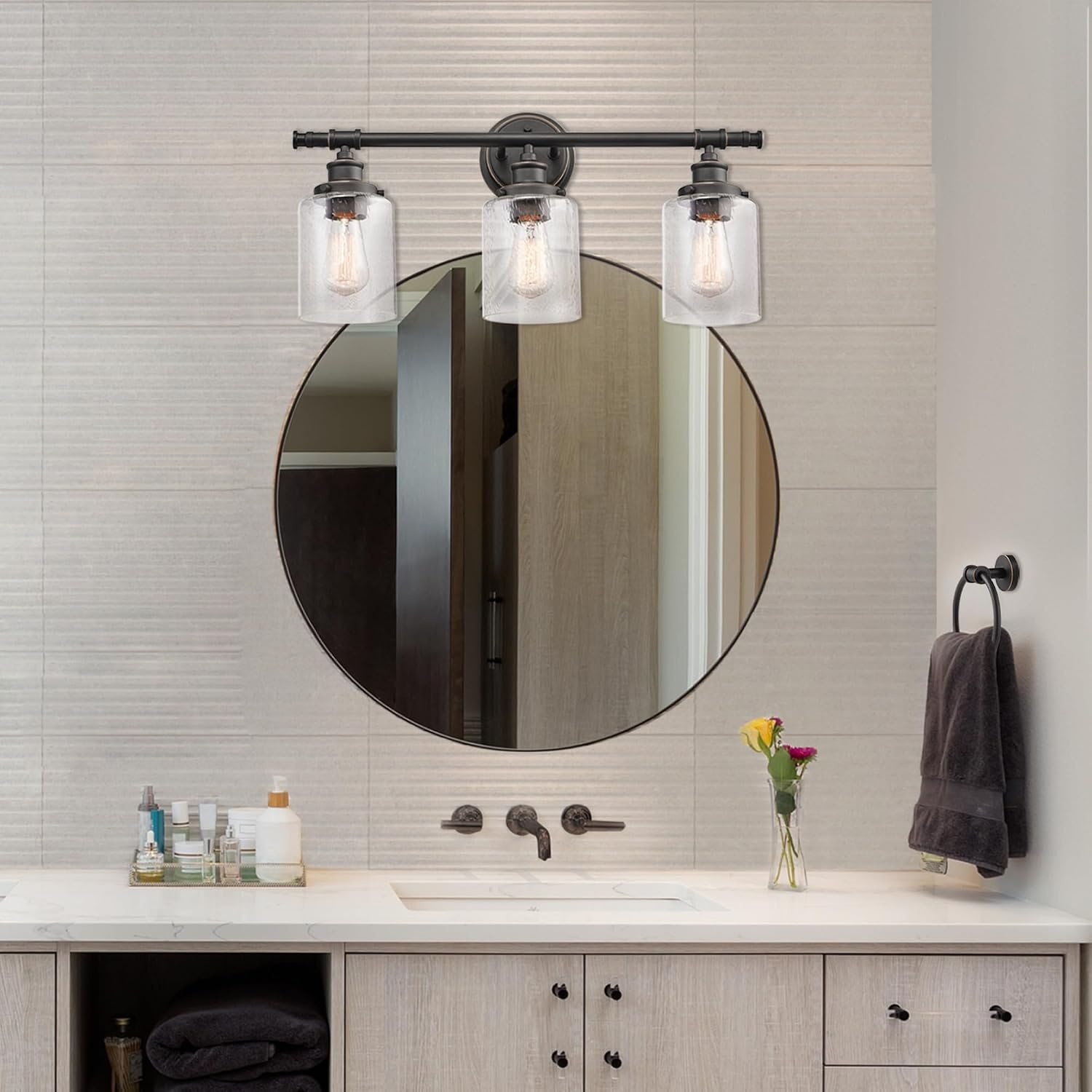 image:imageGlobe Electric 63000200 22 3Light Vanity Light Matte Black Matte Brass Accents Glass Shades Beauty Room Accessories Lights for Bathroom Powder Room Lighting Bathroom Lights Over MirrorCamden Bronze