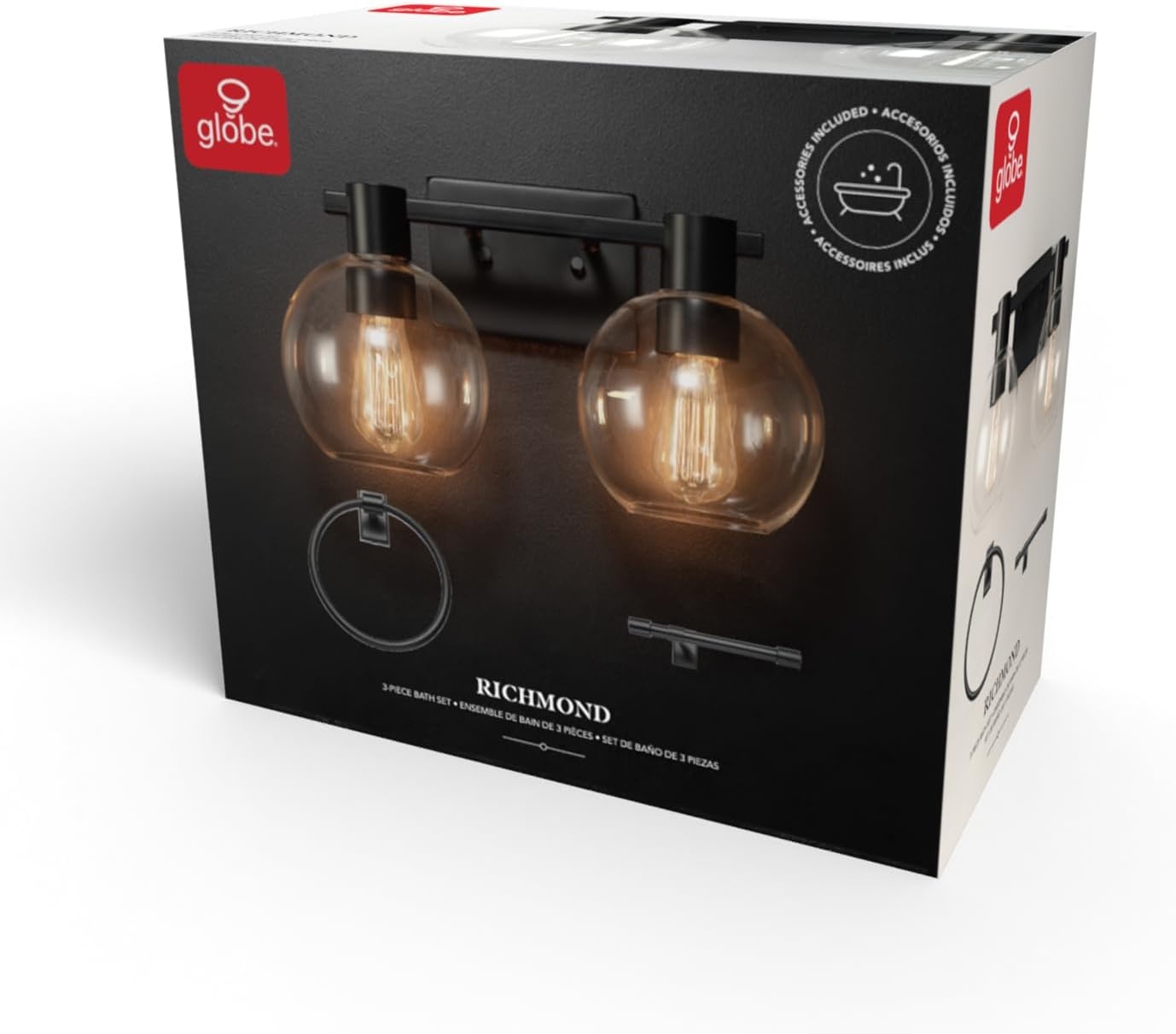 image:imageGlobe Electric 63000200 22 3Light Vanity Light Matte Black Matte Brass Accents Glass Shades Beauty Room Accessories Lights for Bathroom Powder Room Lighting Bathroom Lights Over MirrorMatte Black