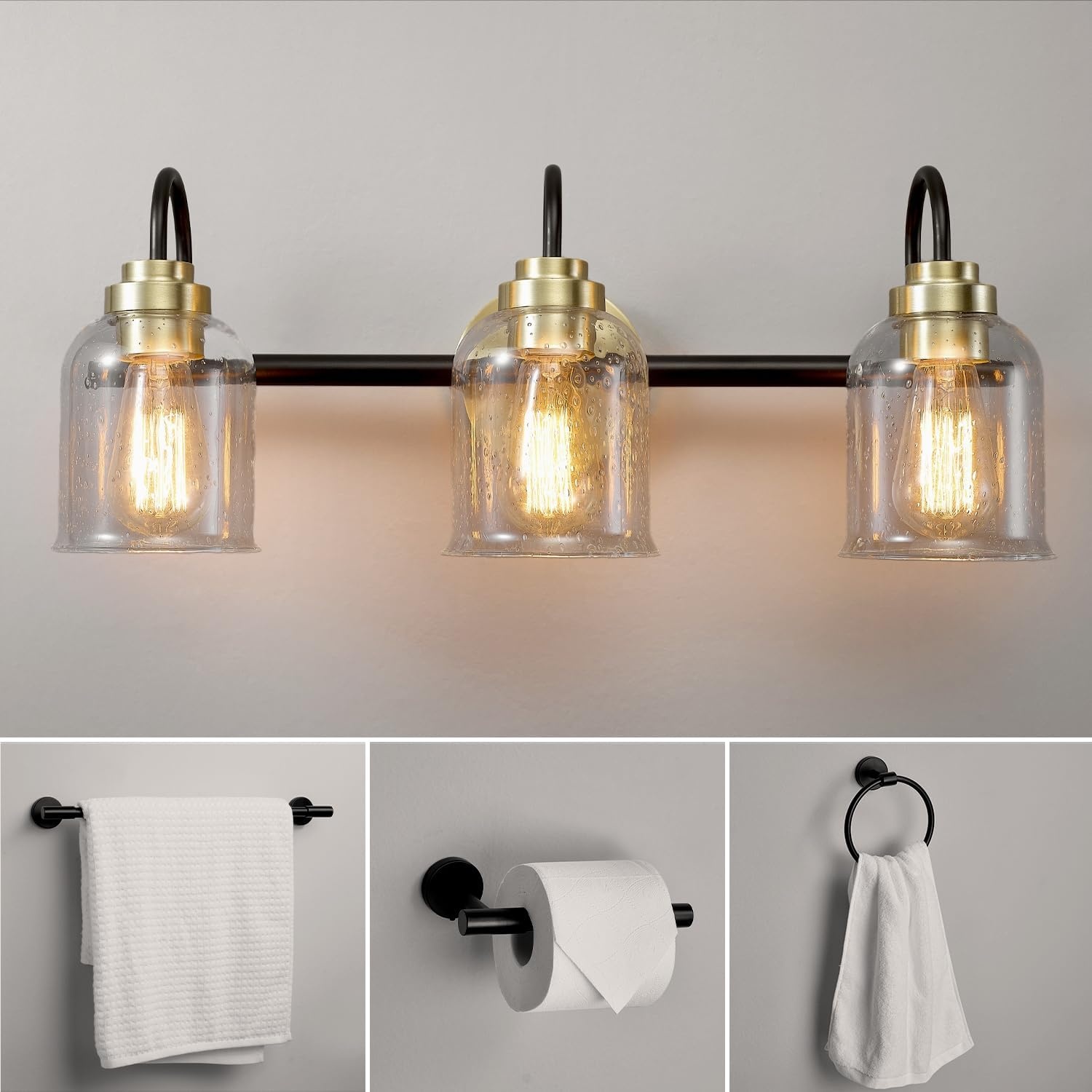 image:imageGlobe Electric 63000200 22 3Light Vanity Light Matte Black Matte Brass Accents Glass Shades Beauty Room Accessories Lights for Bathroom Powder Room Lighting Bathroom Lights Over MirrorMatte Black Seeded Glass