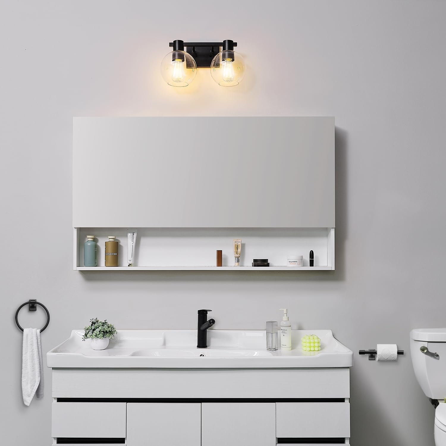 image:imageGlobe Electric 63000200 22 3Light Vanity Light Matte Black Matte Brass Accents Glass Shades Beauty Room Accessories Lights for Bathroom Powder Room Lighting Bathroom Lights Over MirrorMatte Black