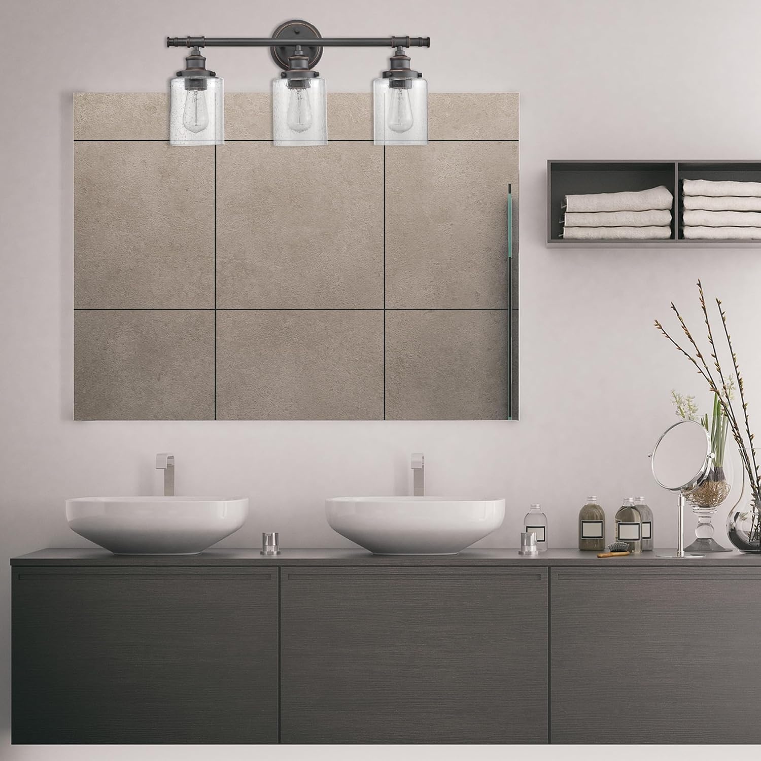 image:imageGlobe Electric 63000200 22 3Light Vanity Light Matte Black Matte Brass Accents Glass Shades Beauty Room Accessories Lights for Bathroom Powder Room Lighting Bathroom Lights Over MirrorCamden Bronze