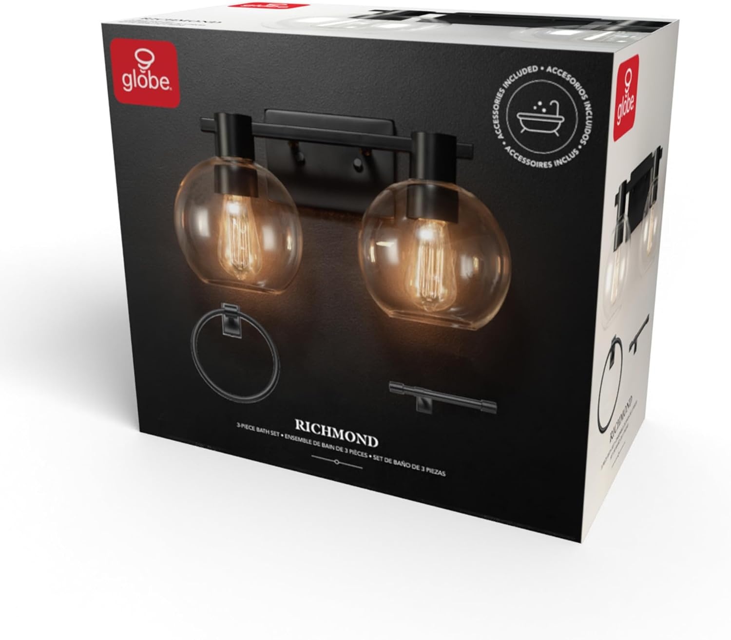 image:imageGlobe Electric 63000200 22 3Light Vanity Light Matte Black Matte Brass Accents Glass Shades Beauty Room Accessories Lights for Bathroom Powder Room Lighting Bathroom Lights Over MirrorMatte Black
