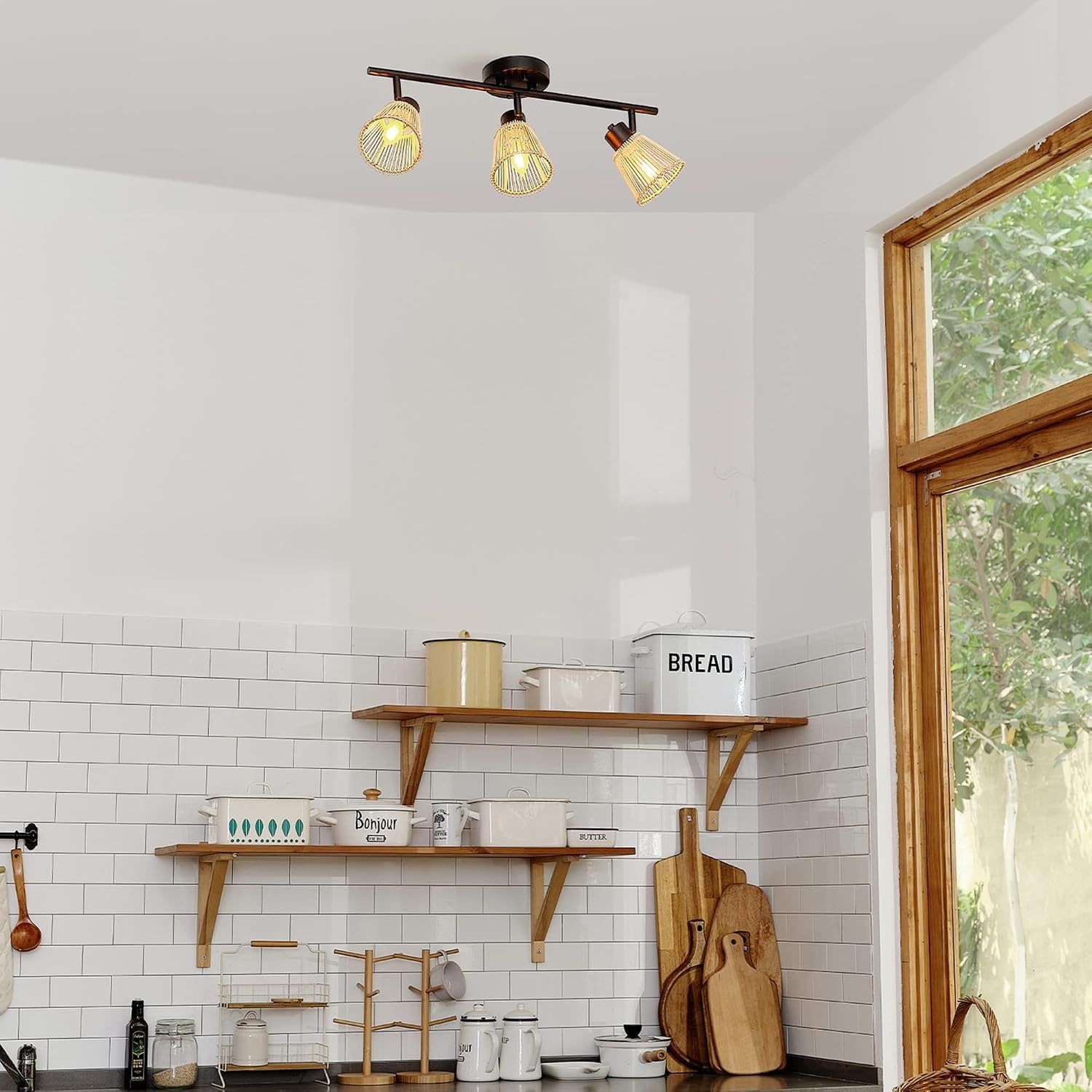 image:imageGlobe Electric 64000050 28 4Light Track Lighting Matte White Natural Twine Shades Ceiling Light Pivot Shade Kitchen Lights 4 Bulb TrackLightBlack Bamboo