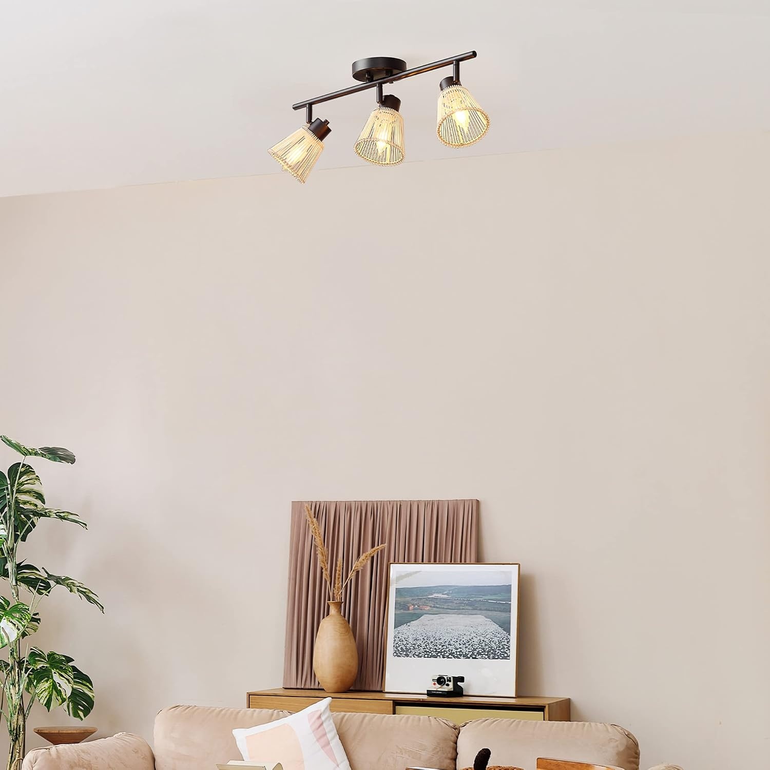 image:imageGlobe Electric 64000050 28 4Light Track Lighting Matte White Natural Twine Shades Ceiling Light Pivot Shade Kitchen Lights 4 Bulb TrackLightBlack Bamboo