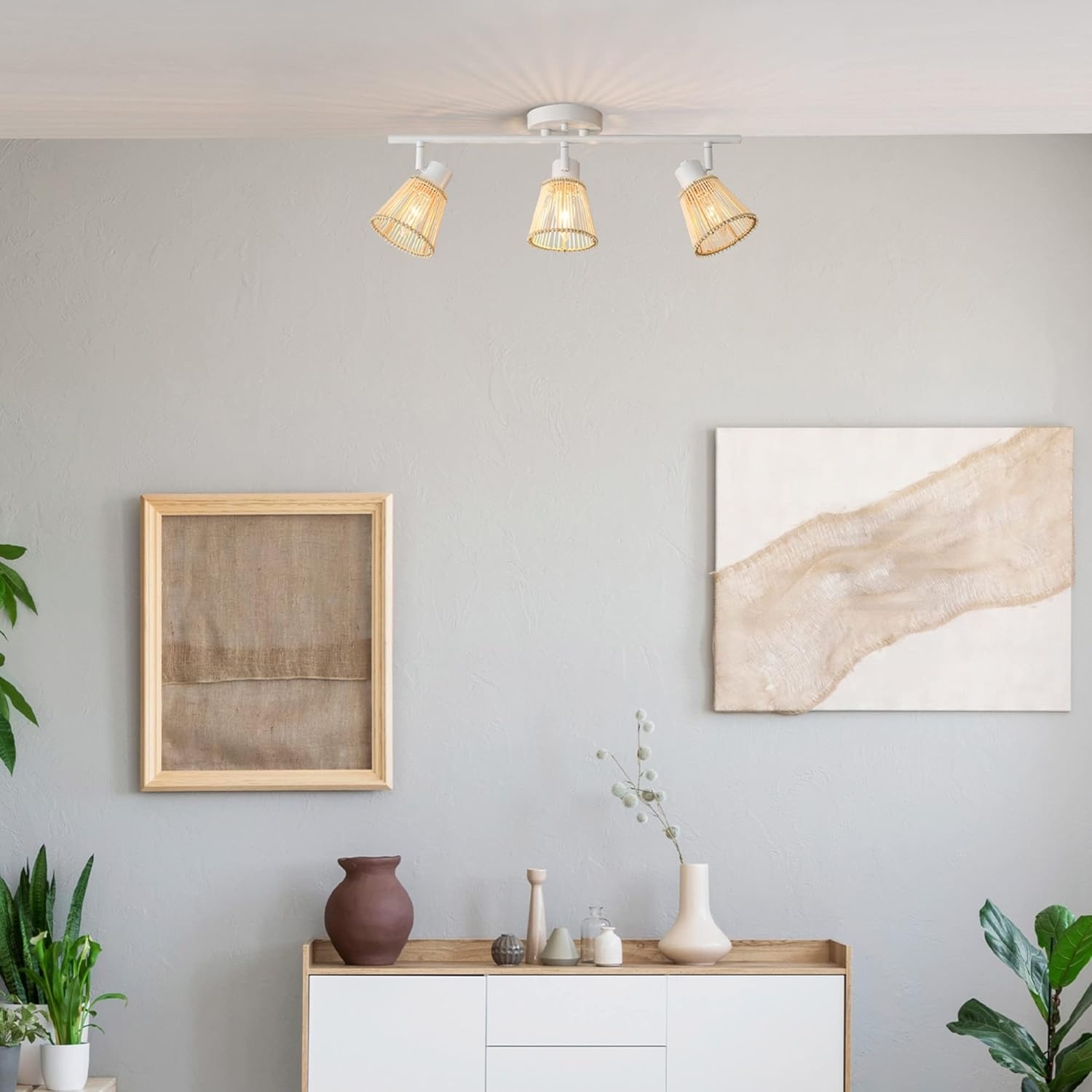 image:imageGlobe Electric 64000050 28 4Light Track Lighting Matte White Natural Twine Shades Ceiling Light Pivot Shade Kitchen Lights 4 Bulb TrackLightWhite Bamboo