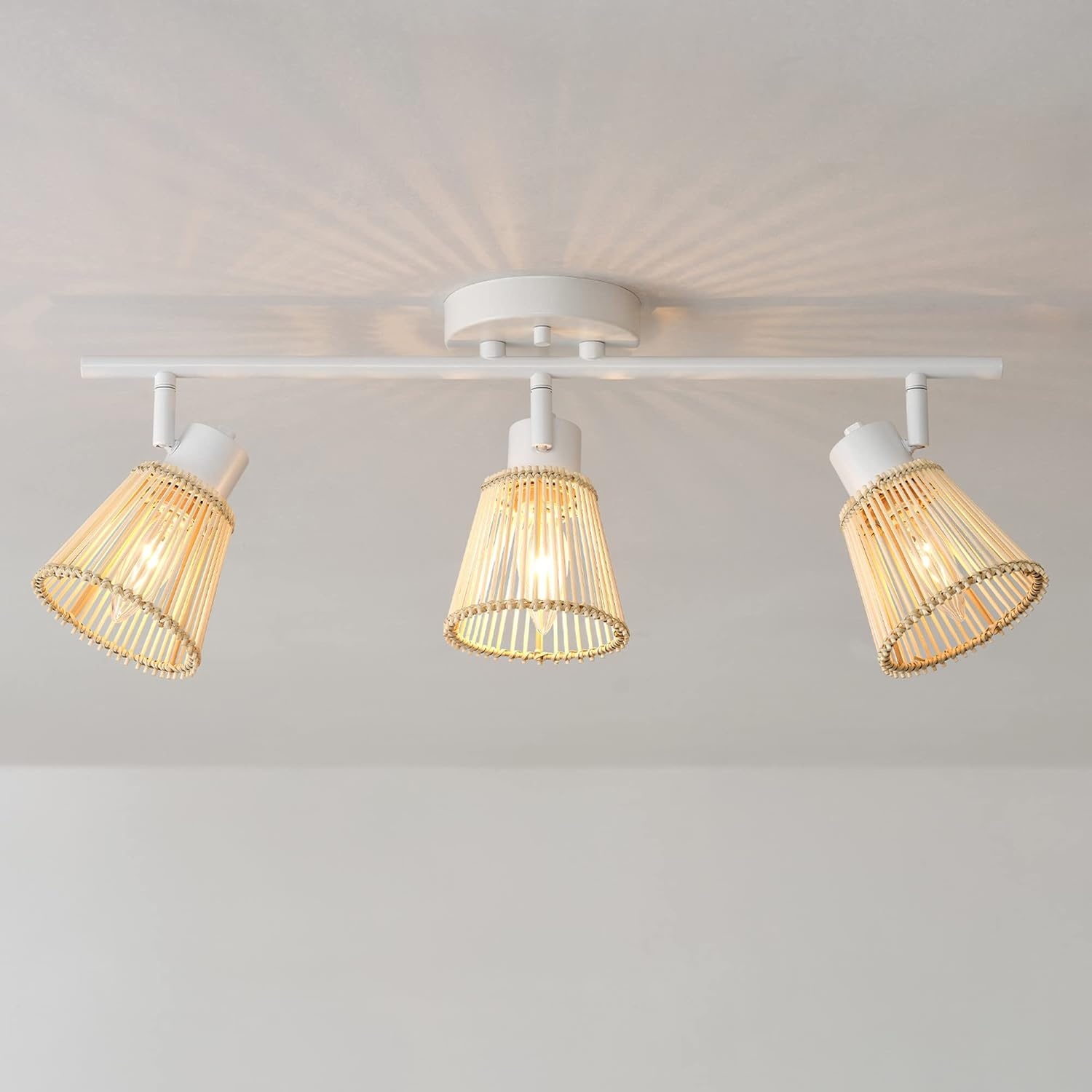 image:imageGlobe Electric 64000050 28 4Light Track Lighting Matte White Natural Twine Shades Ceiling Light Pivot Shade Kitchen Lights 4 Bulb TrackLightWhite Bamboo
