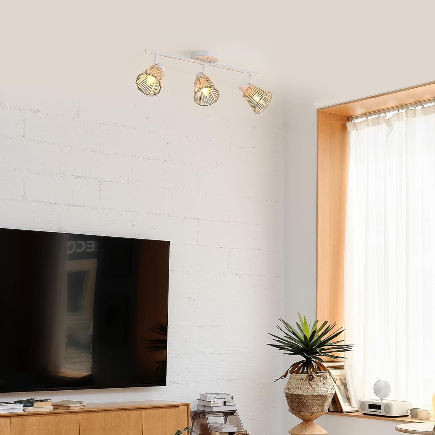 image:imageGlobe Electric 64000050 28 4Light Track Lighting Matte White Natural Twine Shades Ceiling Light Pivot Shade Kitchen Lights 4 Bulb TrackLightWhite Bamboo