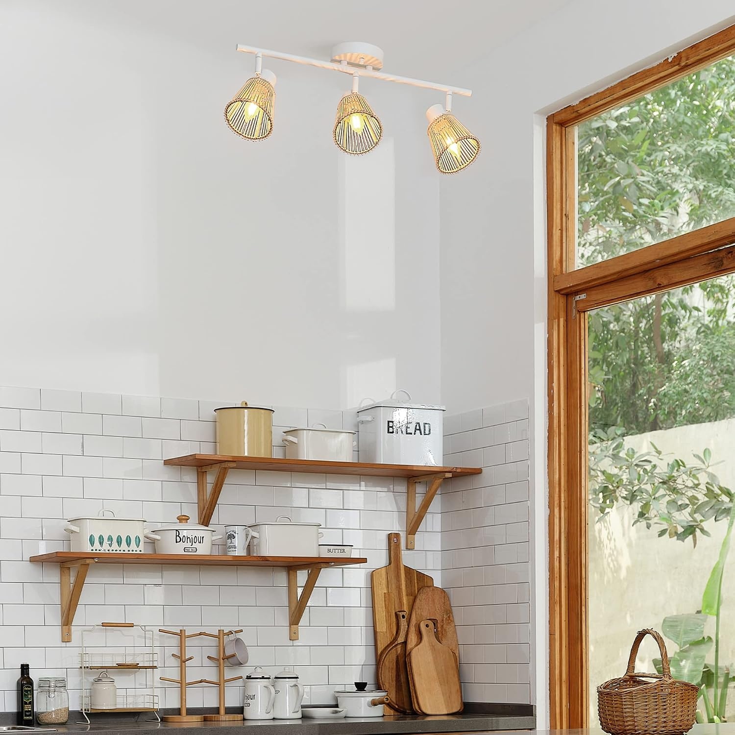 image:imageGlobe Electric 64000050 28 4Light Track Lighting Matte White Natural Twine Shades Ceiling Light Pivot Shade Kitchen Lights 4 Bulb TrackLightWhite Bamboo