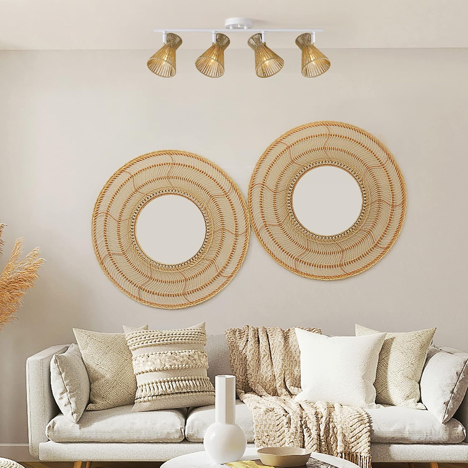 image:imageGlobe Electric 64000050 28 4Light Track Lighting Matte White Natural Twine Shades Ceiling Light Pivot Shade Kitchen Lights 4 Bulb TrackLightWhite Twine