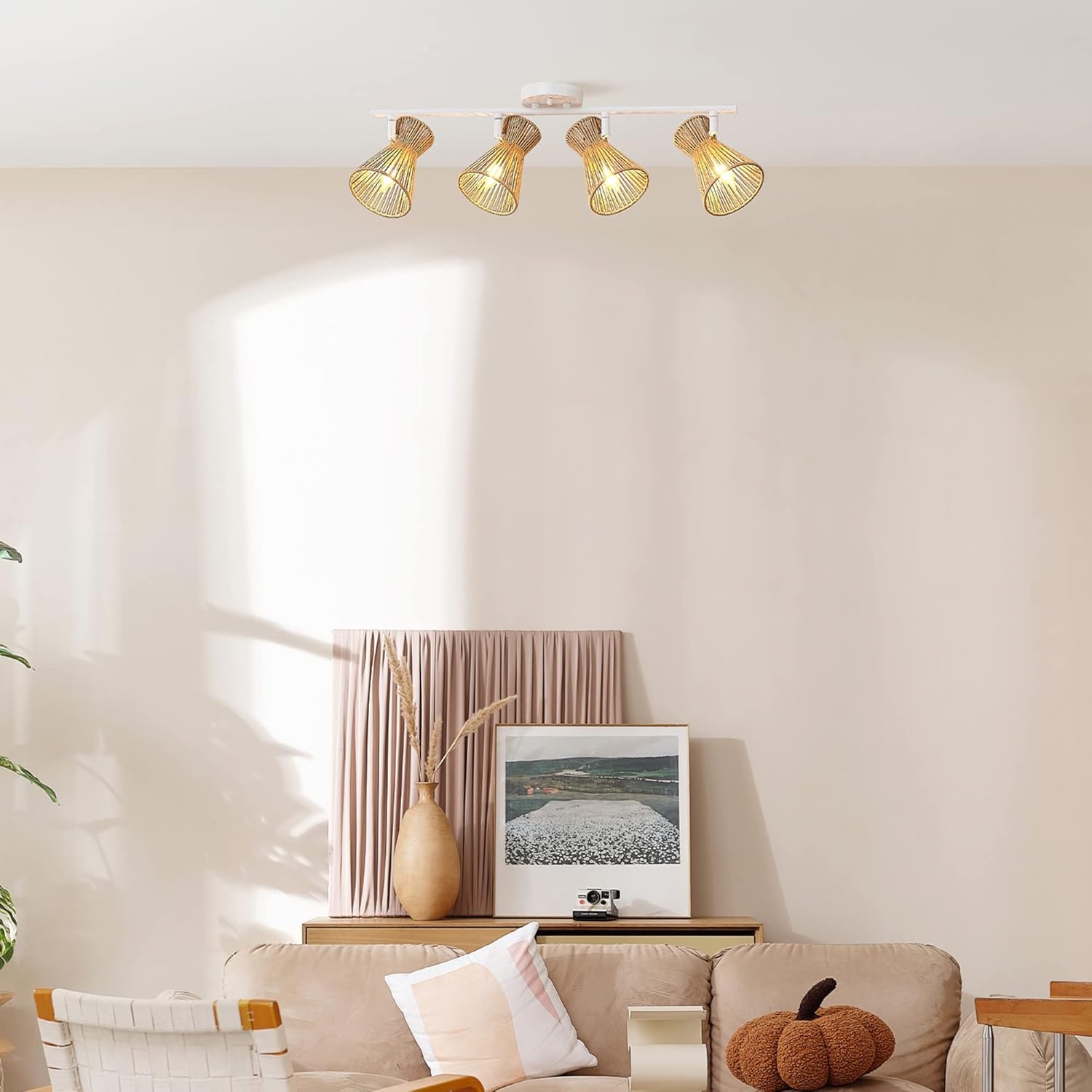 image:imageGlobe Electric 64000050 28 4Light Track Lighting Matte White Natural Twine Shades Ceiling Light Pivot Shade Kitchen Lights 4 Bulb TrackLightWhite Twine