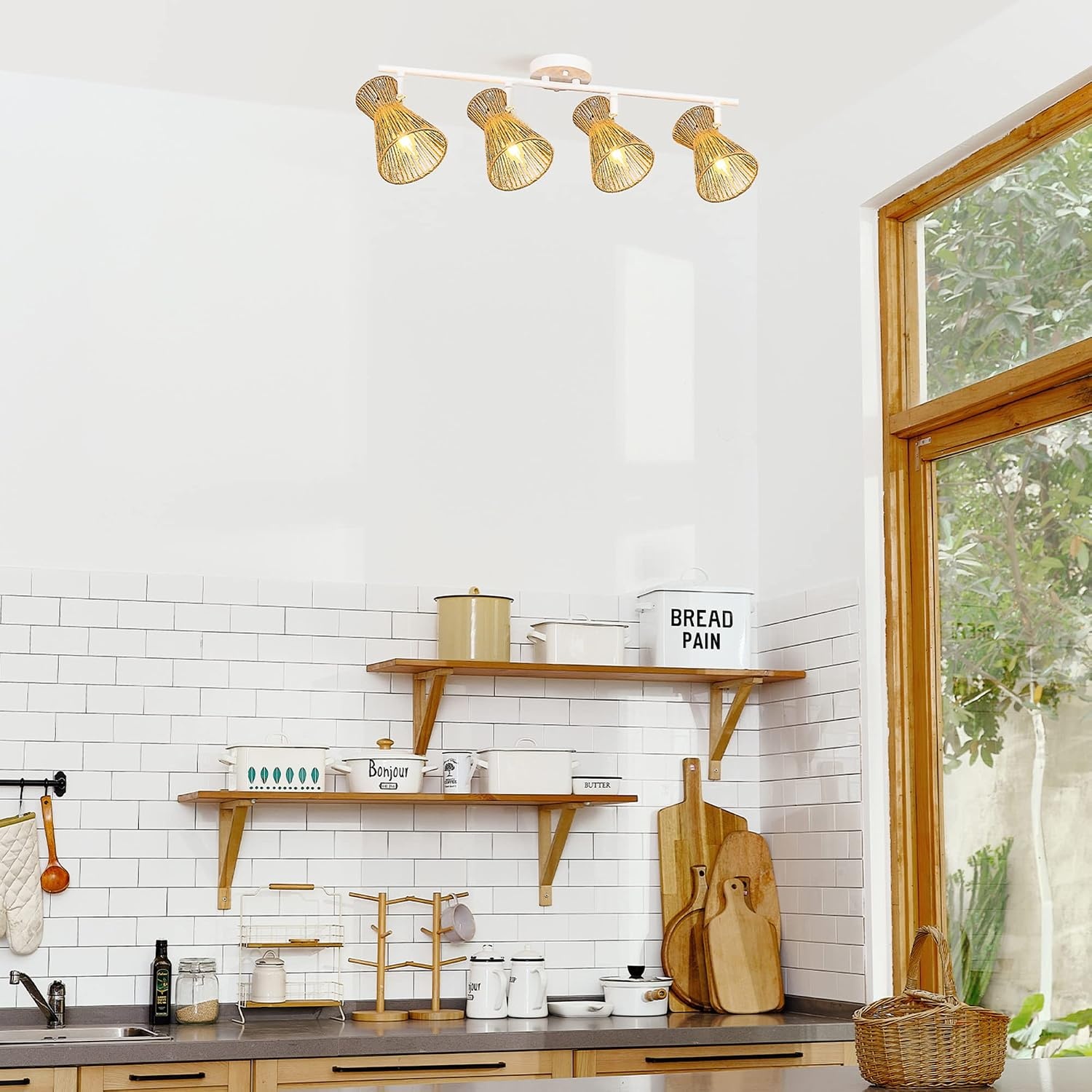 image:imageGlobe Electric 64000050 28 4Light Track Lighting Matte White Natural Twine Shades Ceiling Light Pivot Shade Kitchen Lights 4 Bulb TrackLightWhite Twine