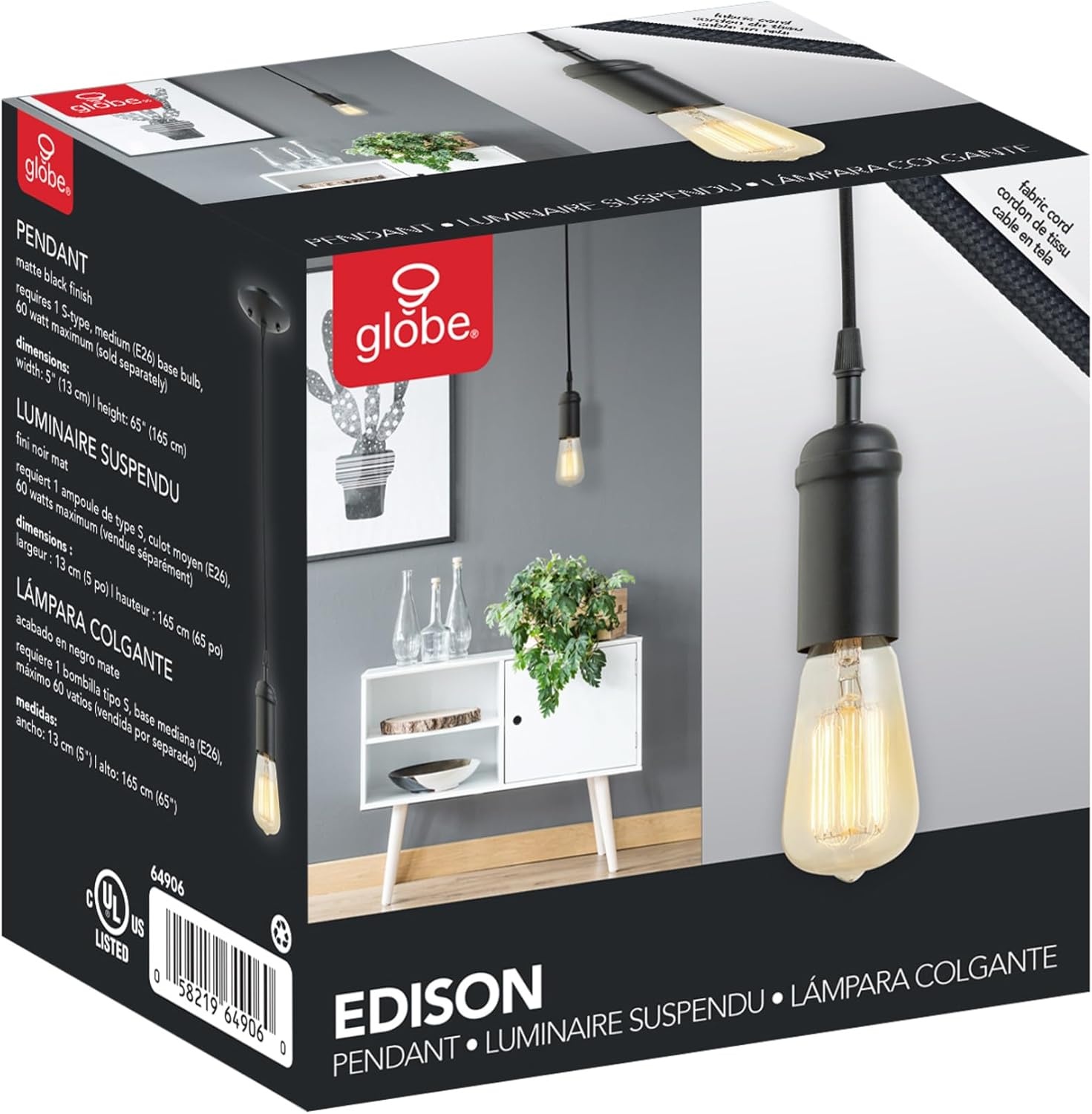 image:imageGlobe Electric 64906 1Light Pendant Matte Black Black Woven Fabric Cord E26 Base Socket Kitchen Island Caf Decorative Ceiling Hanging Light Fixture Modern Vintage Bulb Not IncludedMatte Black