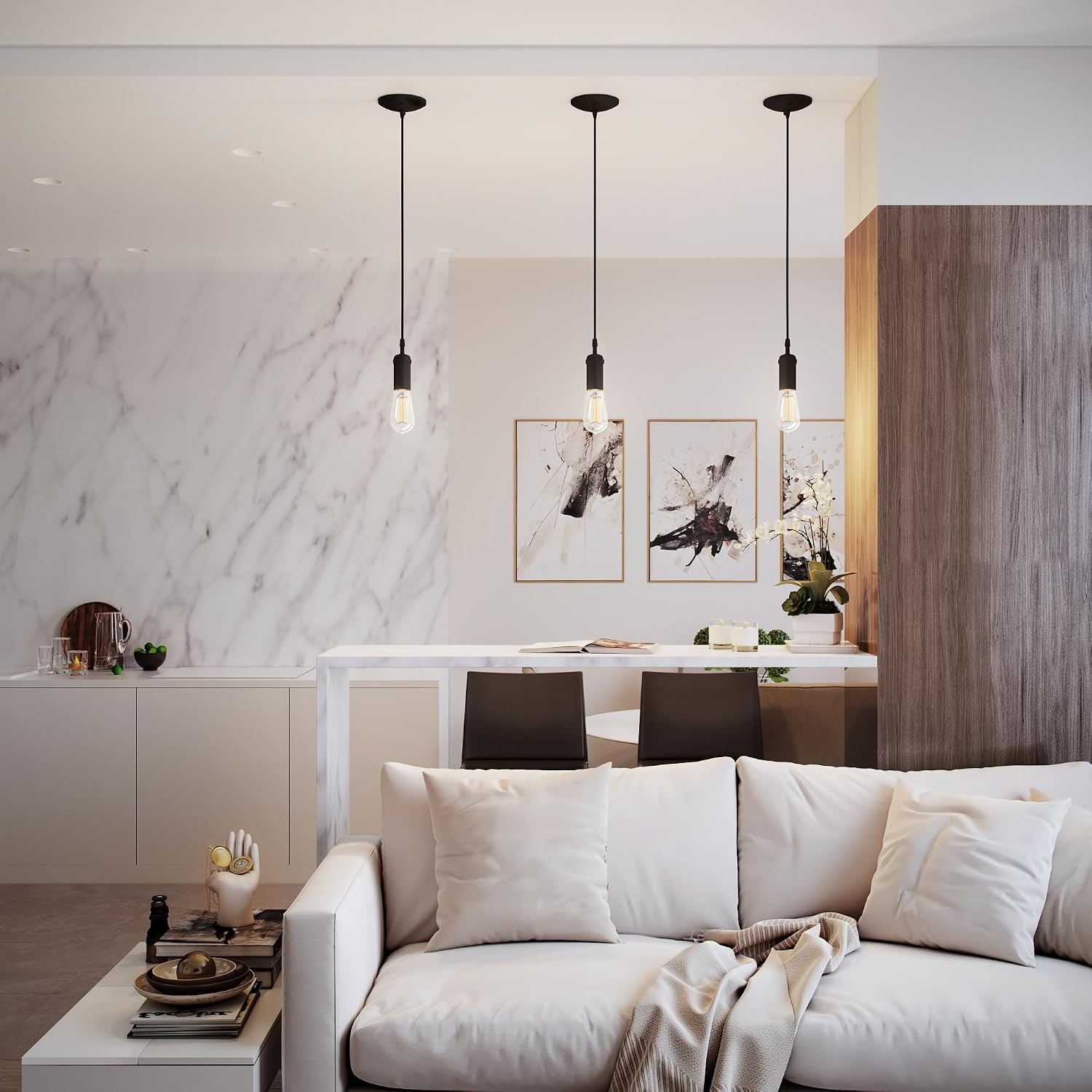 image:imageGlobe Electric 64906 1Light Pendant Matte Black Black Woven Fabric Cord E26 Base Socket Kitchen Island Caf Decorative Ceiling Hanging Light Fixture Modern Vintage Bulb Not IncludedMatte Black