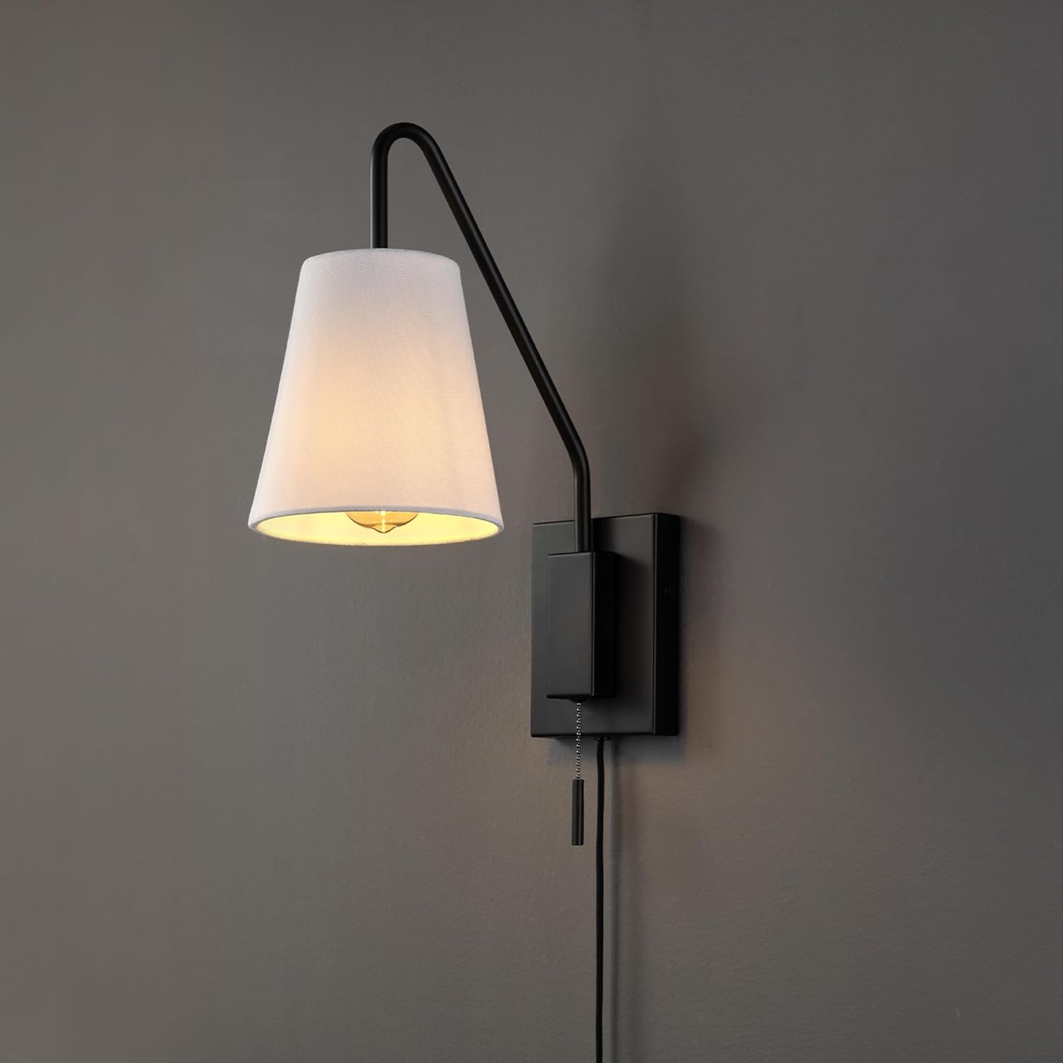 image:imageGlobe Electric 65000043 1Light Plugin or Hardwire Wall Sconce Matte Black White Fabric Shade Swing Arm 6ft Black Braided Fabric Cord OnOff Pull Chain Wall Lights for Living Room Home DcorMatte Black Everett