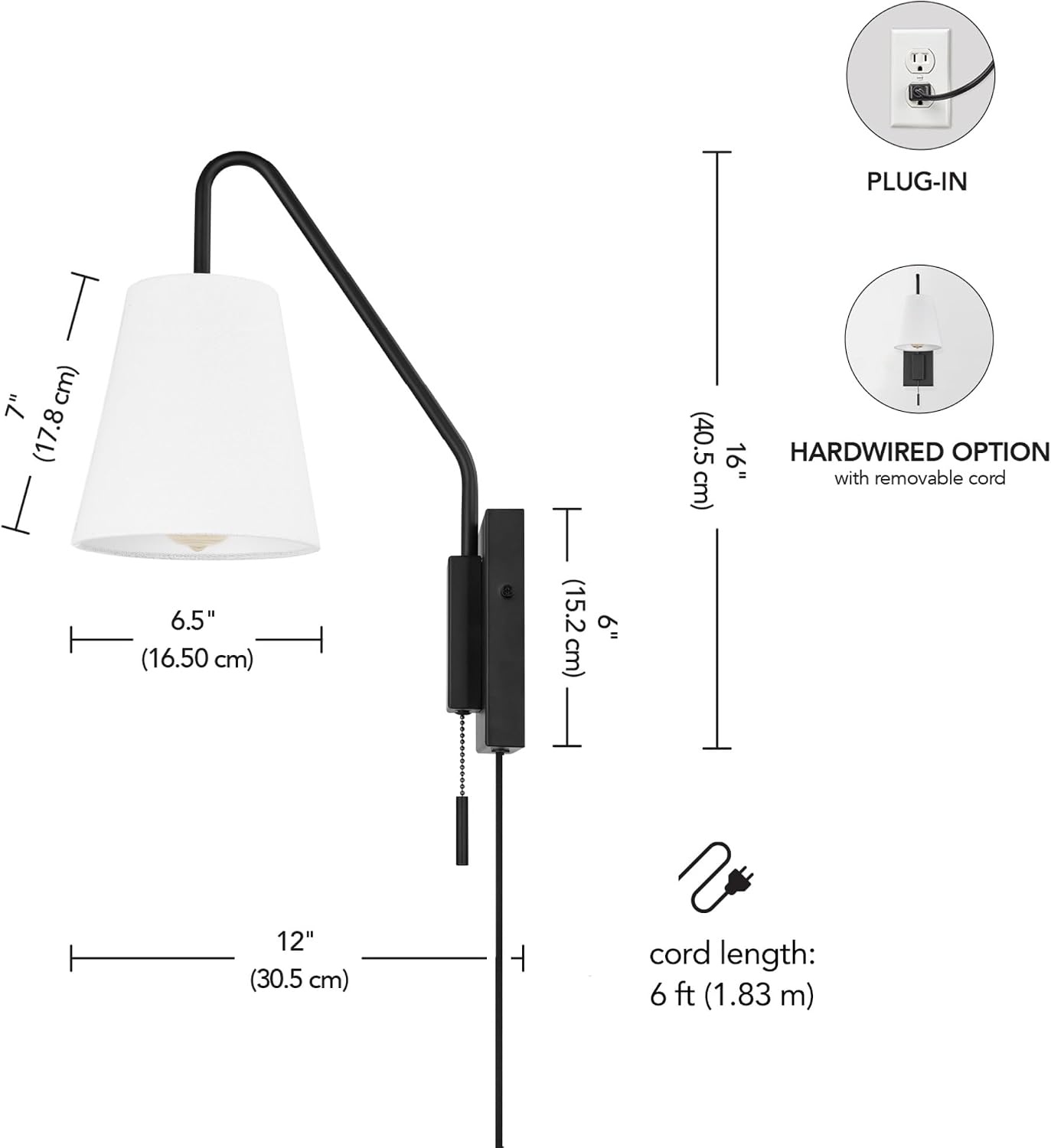 image:imageGlobe Electric 65000043 1Light Plugin or Hardwire Wall Sconce Matte Black White Fabric Shade Swing Arm 6ft Black Braided Fabric Cord OnOff Pull Chain Wall Lights for Living Room Home DcorMatte Black Everett