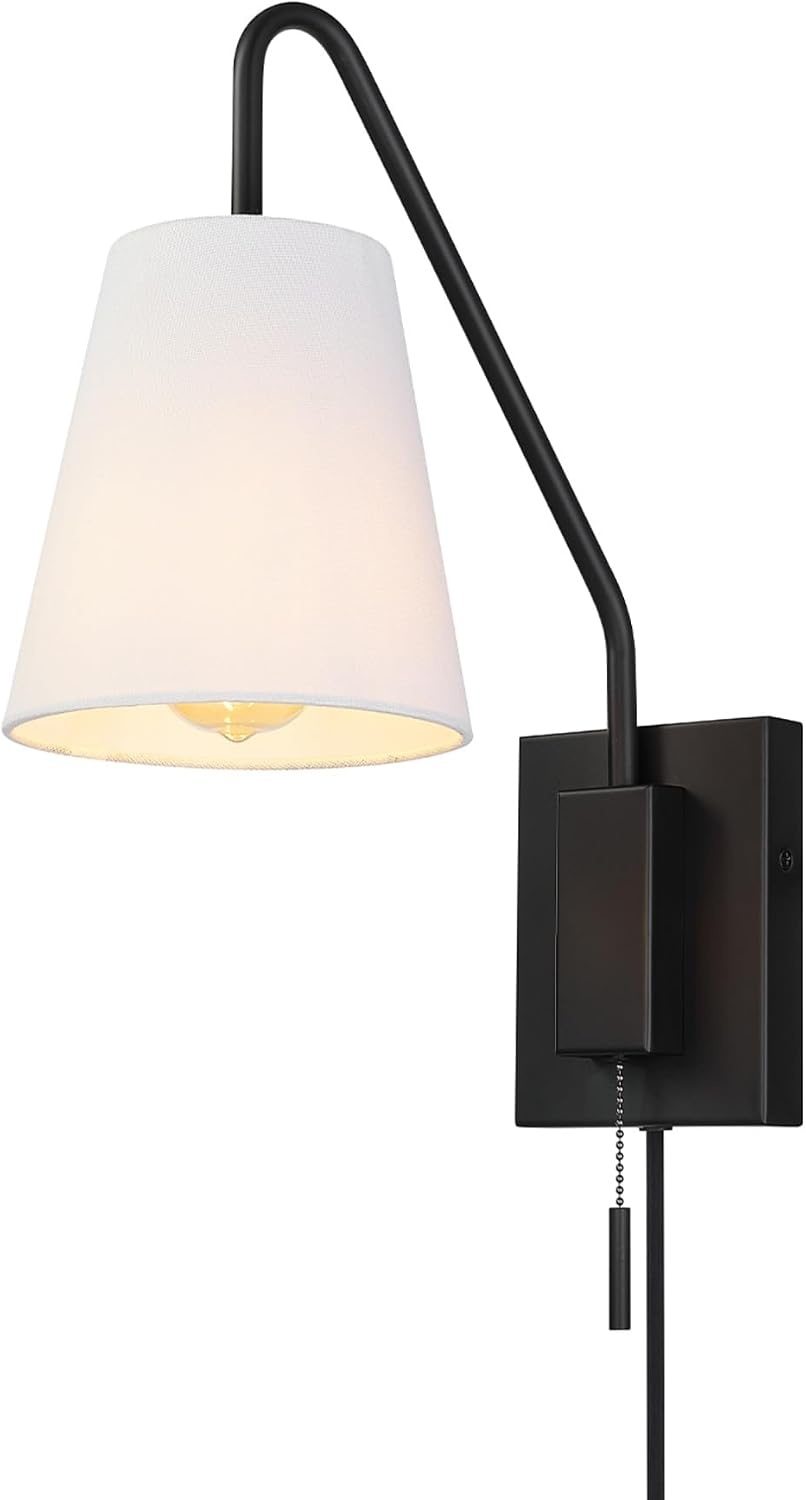 image:imageGlobe Electric 65000043 1Light Plugin or Hardwire Wall Sconce Matte Black White Fabric Shade Swing Arm 6ft Black Braided Fabric Cord OnOff Pull Chain Wall Lights for Living Room Home DcorMatte Black Everett