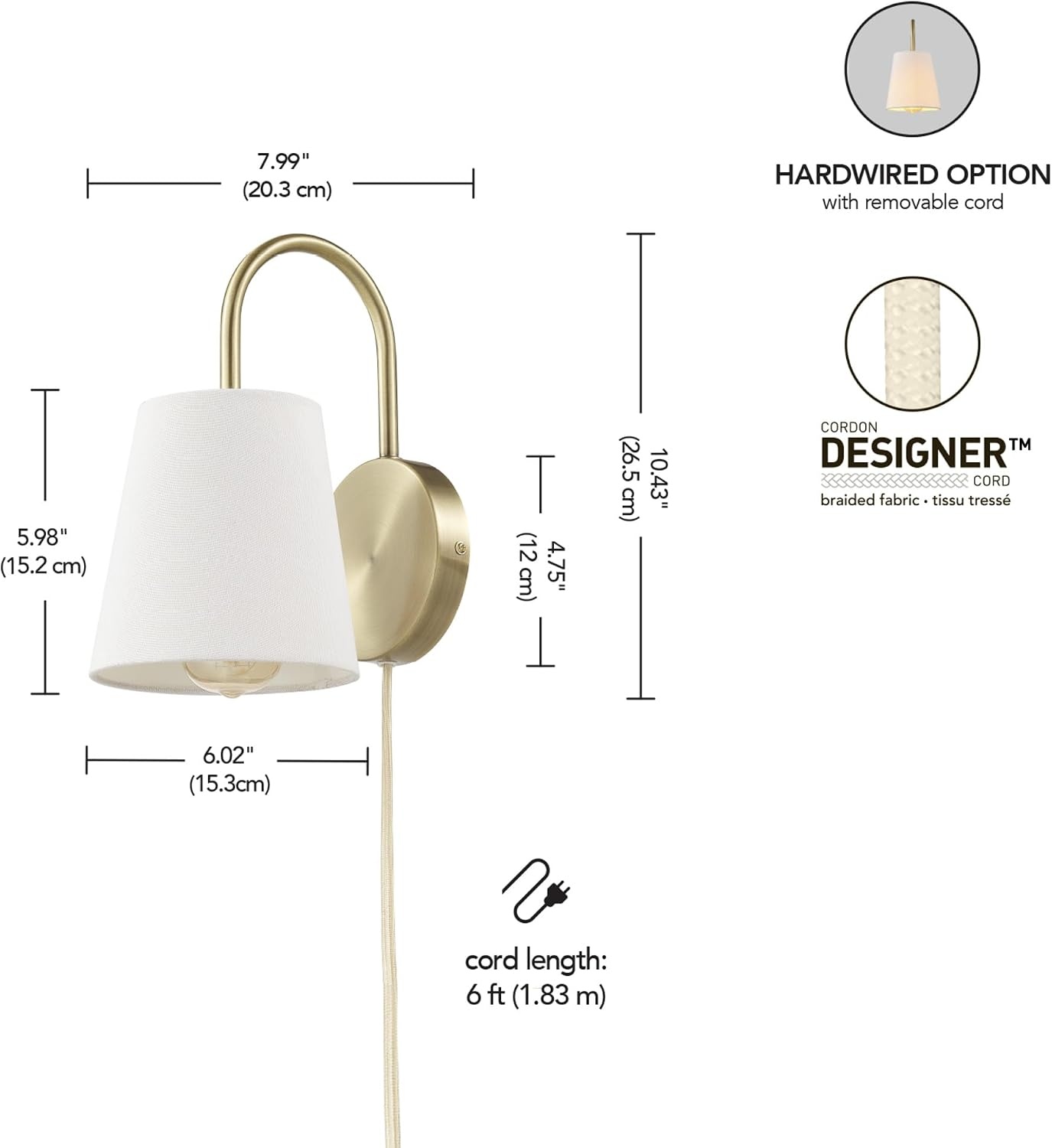 image:imageGlobe Electric 65000043 1Light Plugin or Hardwire Wall Sconce Matte Black White Fabric Shade Swing Arm 6ft Black Braided Fabric Cord OnOff Pull Chain Wall Lights for Living Room Home DcorMatte Brass White Textured Shade