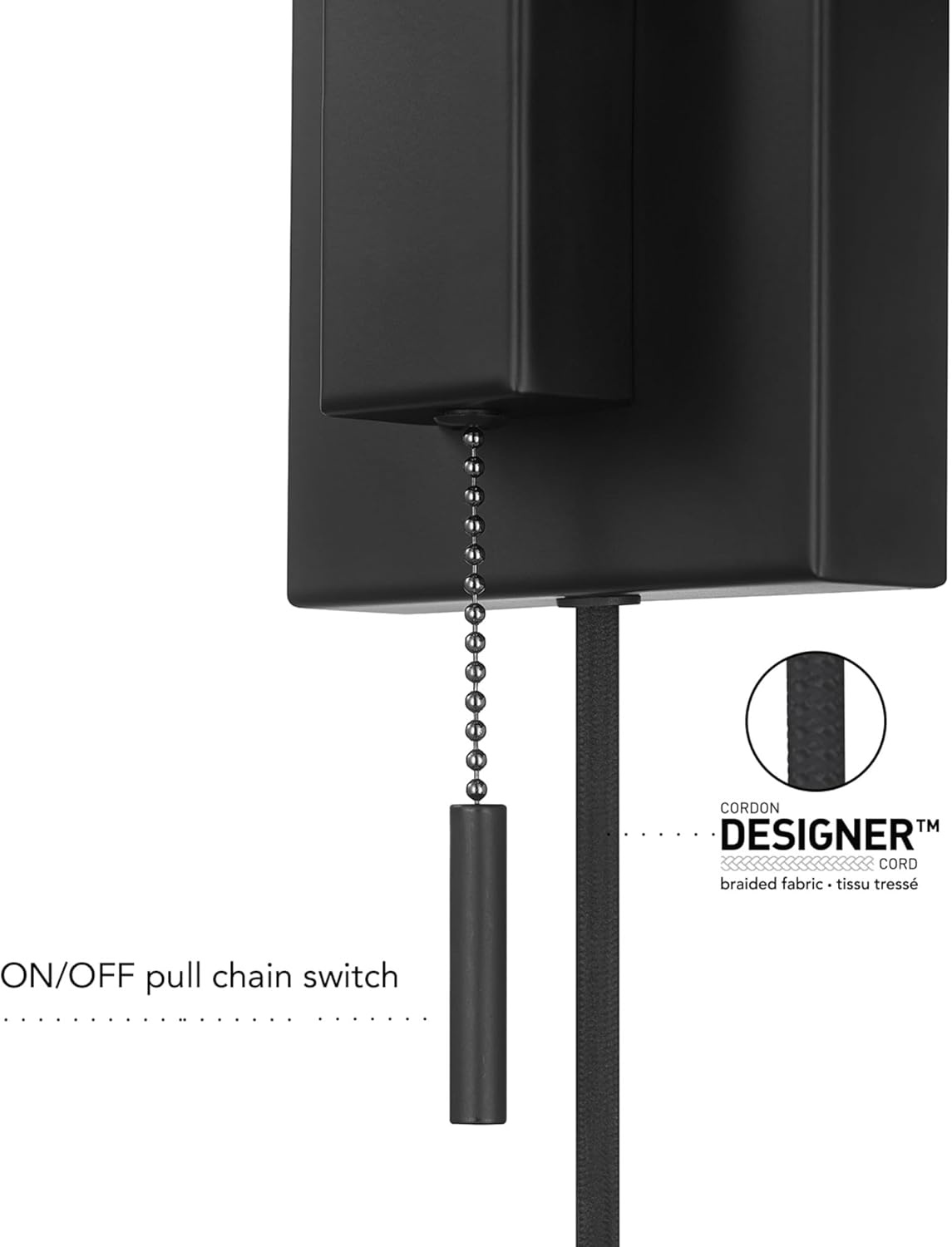 image:imageGlobe Electric 65000043 1Light Plugin or Hardwire Wall Sconce Matte Black White Fabric Shade Swing Arm 6ft Black Braided Fabric Cord OnOff Pull Chain Wall Lights for Living Room Home DcorMatte Black Everett