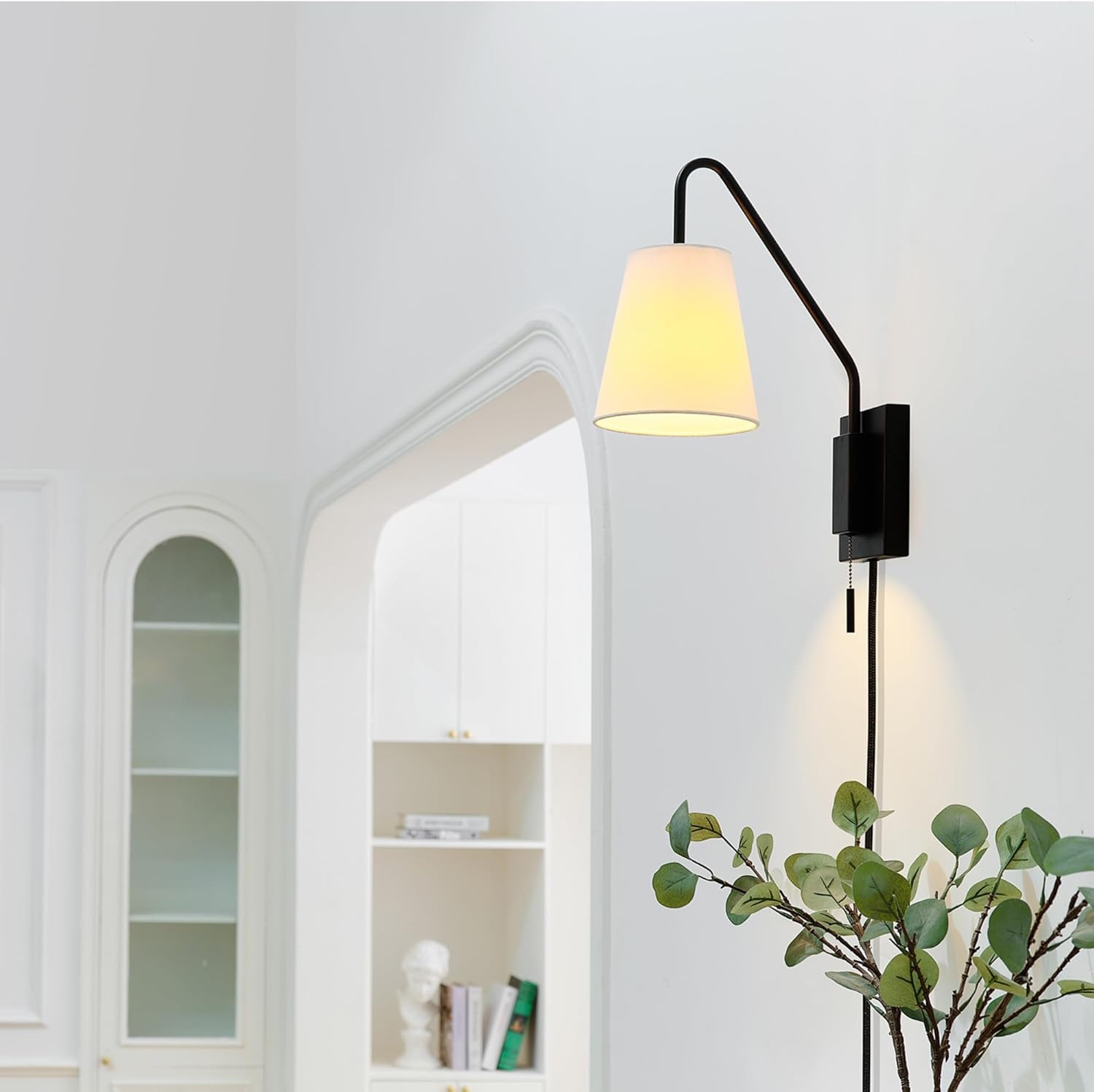 image:imageGlobe Electric 65000043 1Light Plugin or Hardwire Wall Sconce Matte Black White Fabric Shade Swing Arm 6ft Black Braided Fabric Cord OnOff Pull Chain Wall Lights for Living Room Home DcorMatte Black Everett