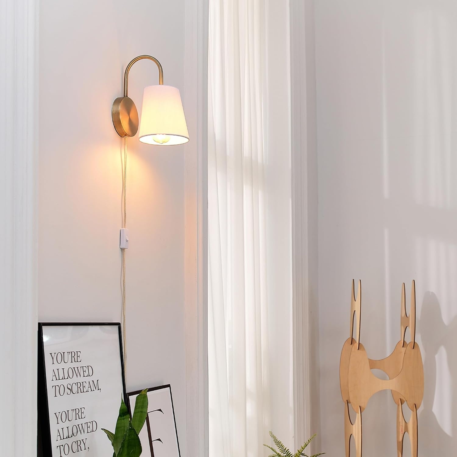 image:imageGlobe Electric 65000132 Rechargeable Battery Wall Sconce Integrated LED Matte Black Finish White Fabric Shade 3Step Touch Dimming Timer USBC Charging Wireless Modern LightingMatte Brass White Textured Shade