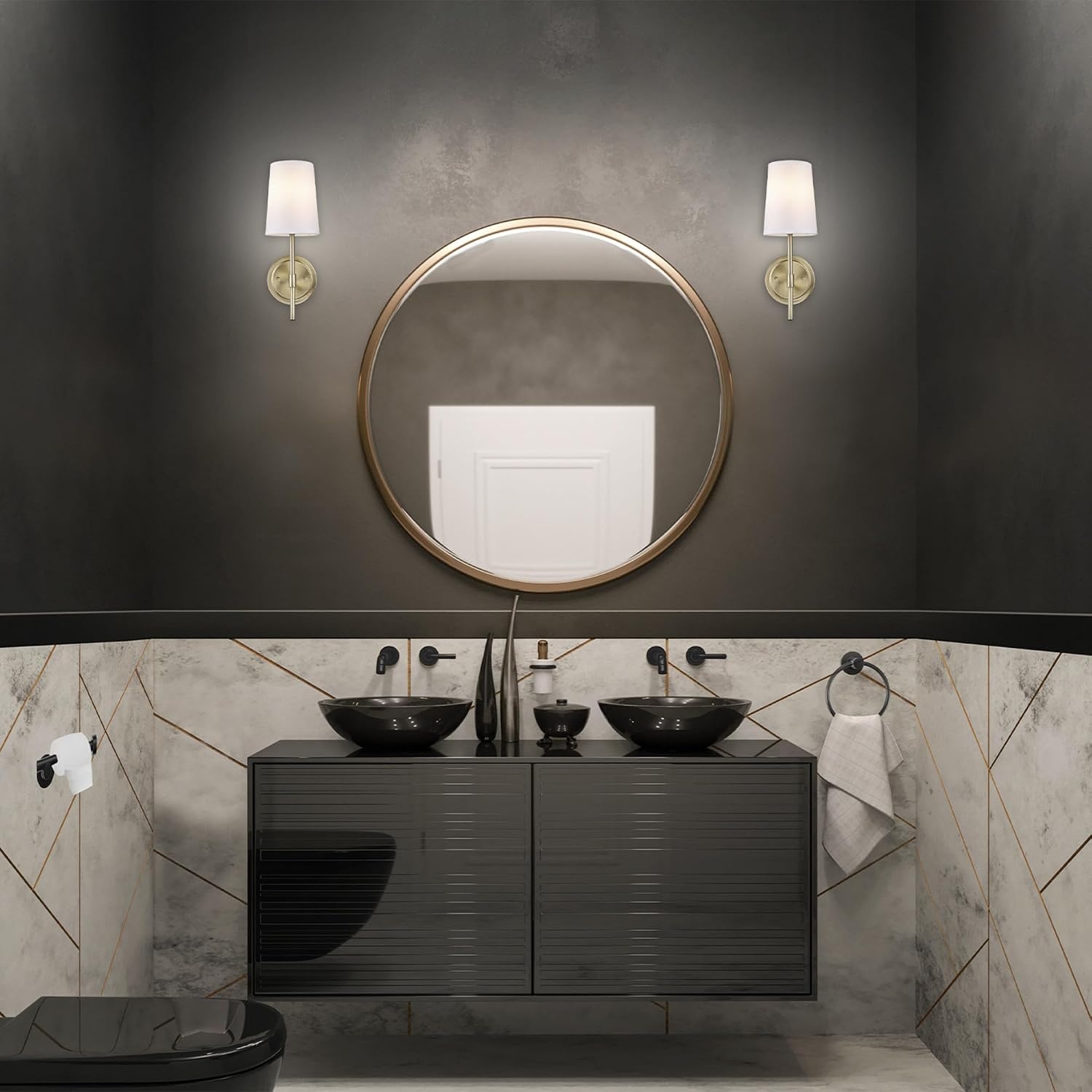 image:imageGlobe Electric 65000132 Rechargeable Battery Wall Sconce Integrated LED Matte Black Finish White Fabric Shade 3Step Touch Dimming Timer USBC Charging Wireless Modern LightingMatte Brass White Shade