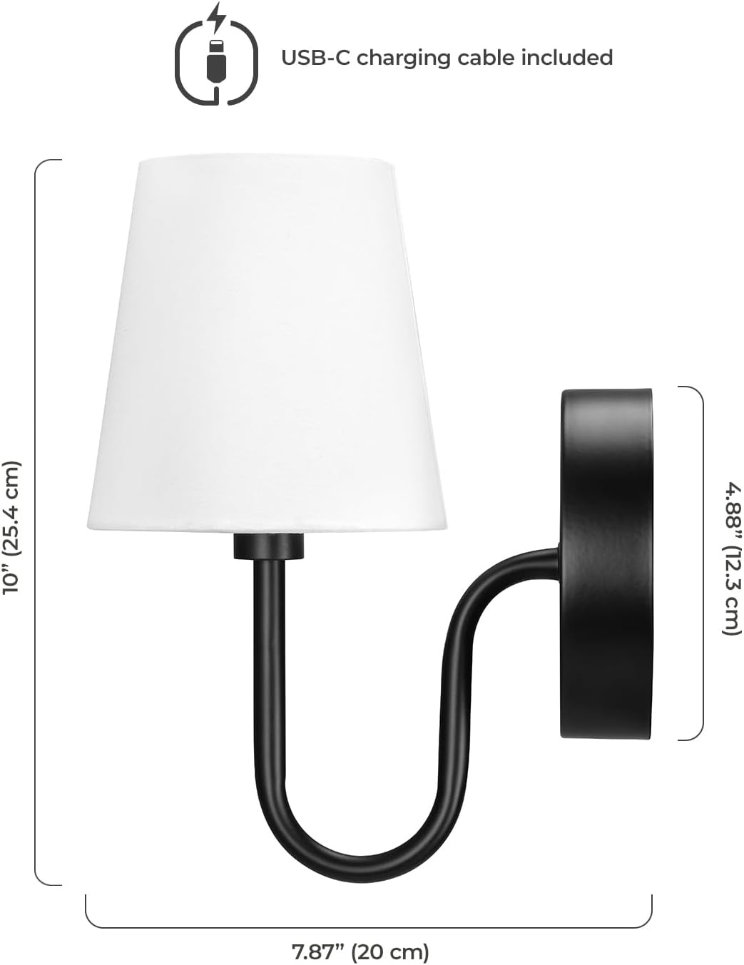 image:imageGlobe Electric 65000132 Rechargeable Battery Wall Sconce Integrated LED Matte Black Finish White Fabric Shade 3Step Touch Dimming Timer USBC Charging Wireless Modern LightingMatte Black Marissa