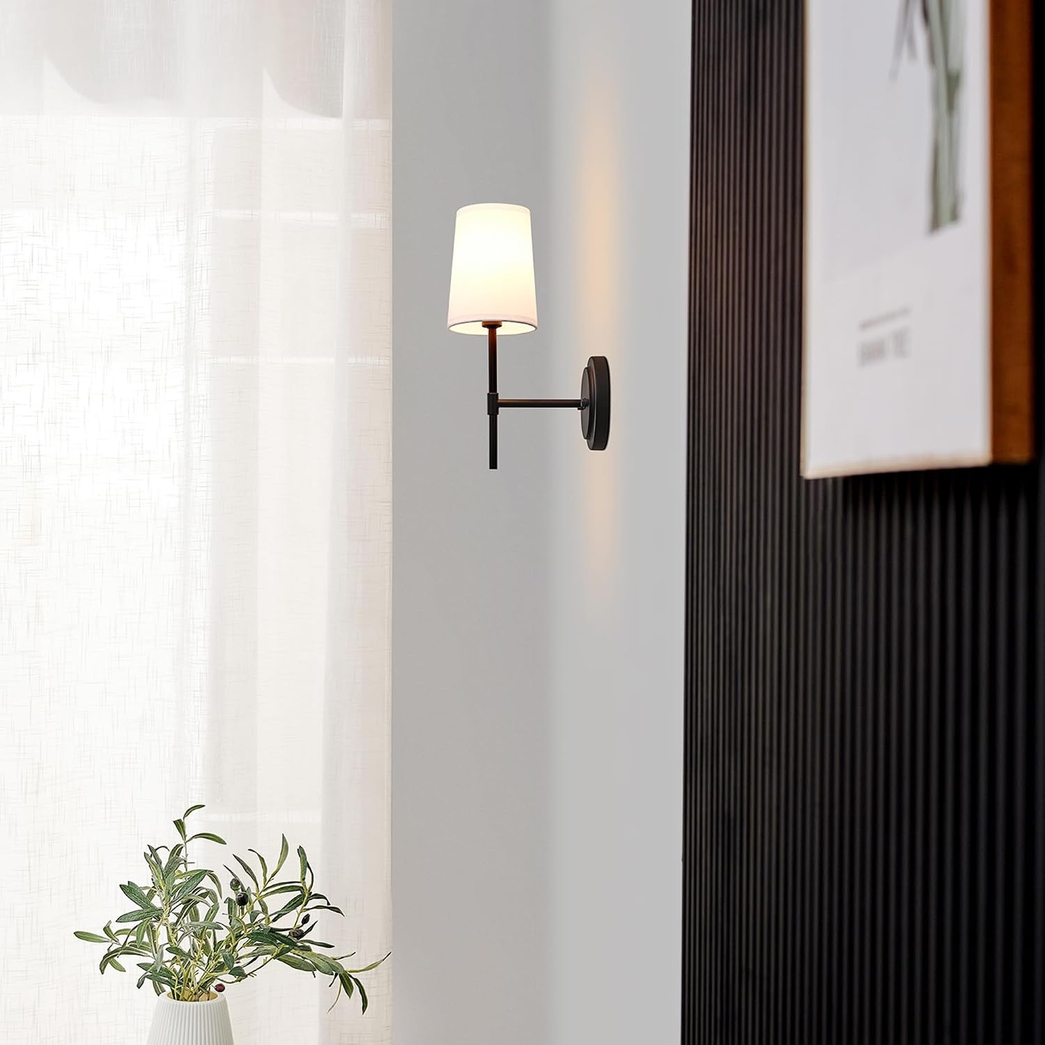 image:imageGlobe Electric 65000132 Rechargeable Battery Wall Sconce Integrated LED Matte Black Finish White Fabric Shade 3Step Touch Dimming Timer USBC Charging Wireless Modern LightingMatte Black White Shade