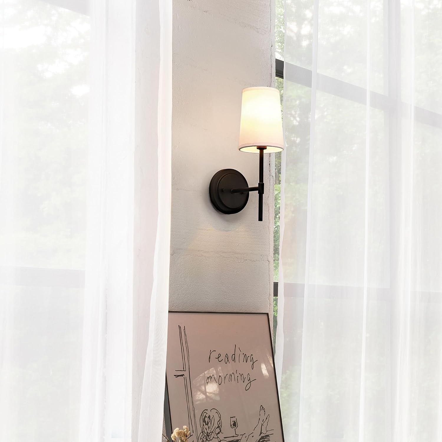 image:imageGlobe Electric 65000132 Rechargeable Battery Wall Sconce Integrated LED Matte Black Finish White Fabric Shade 3Step Touch Dimming Timer USBC Charging Wireless Modern LightingMatte Black White Shade