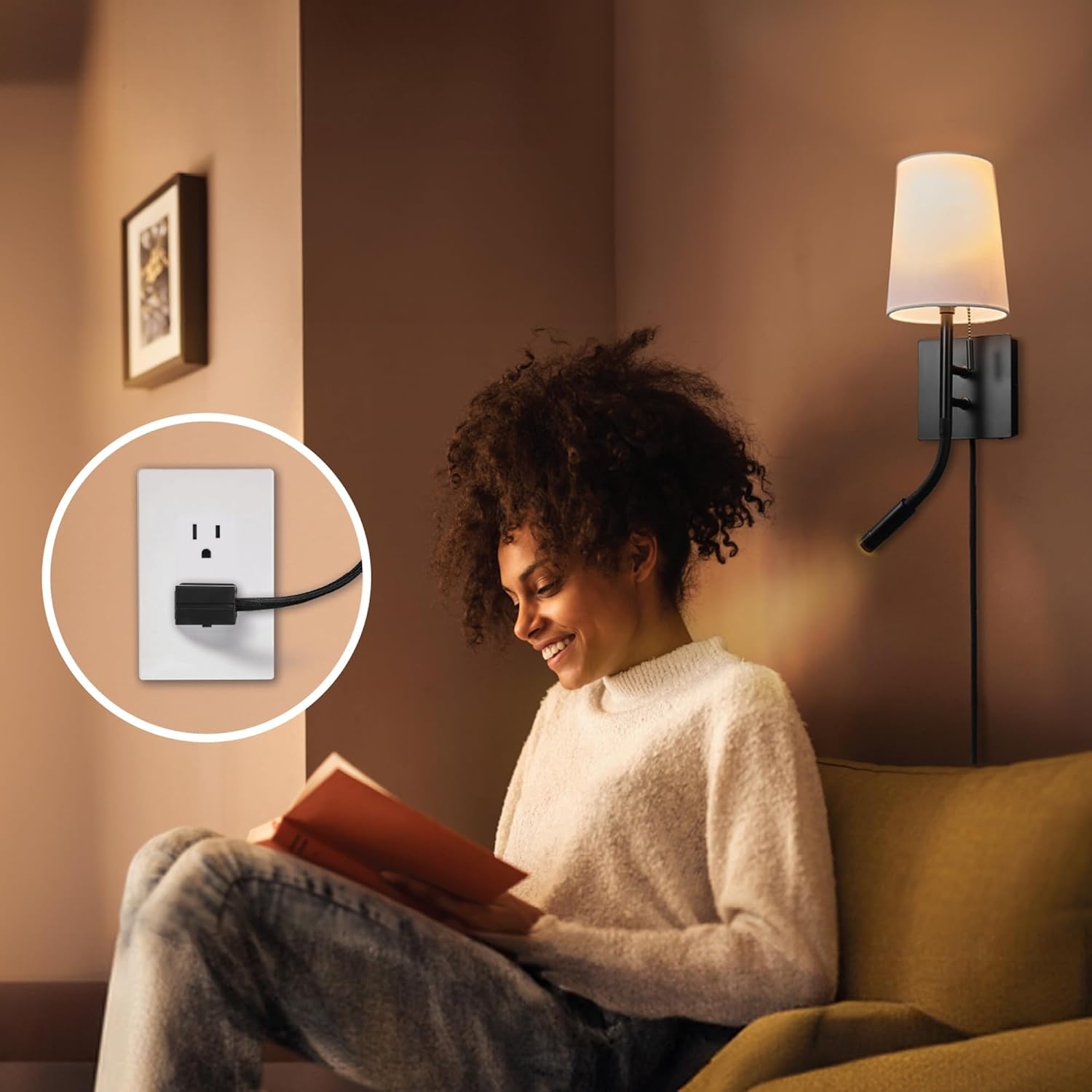 image:imageGlobe Electric 65000132 Rechargeable Battery Wall Sconce Integrated LED Matte Black Finish White Fabric Shade 3Step Touch Dimming Timer USBC Charging Wireless Modern LightingMatte Black White Fabric Shade