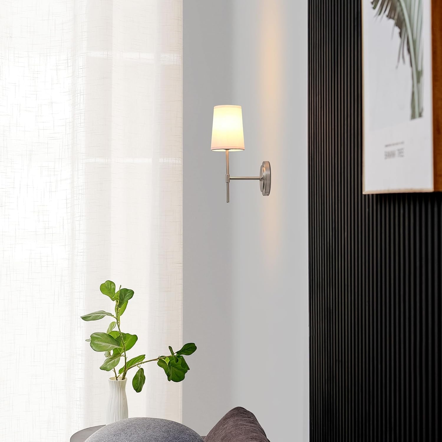 image:imageGlobe Electric 65000132 Rechargeable Battery Wall Sconce Integrated LED Matte Black Finish White Fabric Shade 3Step Touch Dimming Timer USBC Charging Wireless Modern LightingBrushed Nickel White Shade
