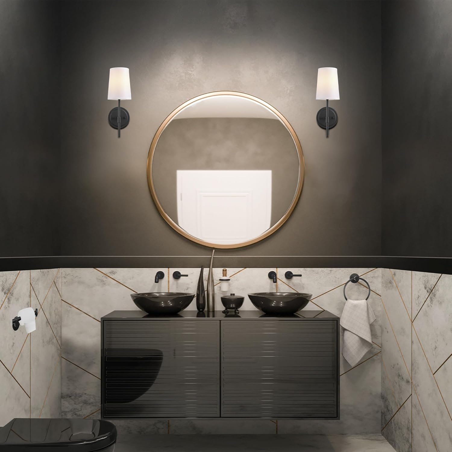 image:imageGlobe Electric 65000132 Rechargeable Battery Wall Sconce Integrated LED Matte Black Finish White Fabric Shade 3Step Touch Dimming Timer USBC Charging Wireless Modern LightingMatte Black White Shade