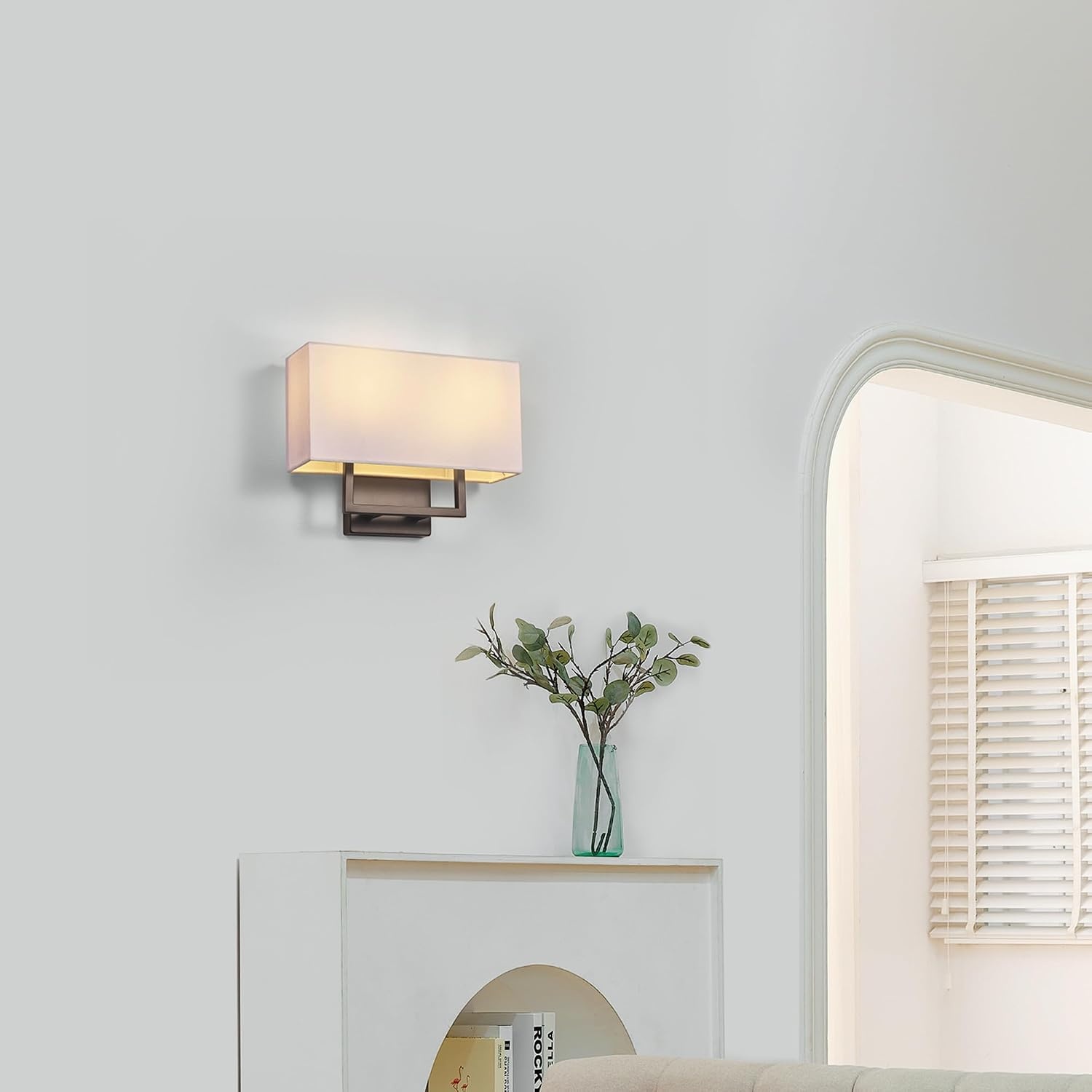 image:imageGlobe Electric 65000132 Rechargeable Battery Wall Sconce Integrated LED Matte Black Finish White Fabric Shade 3Step Touch Dimming Timer USBC Charging Wireless Modern LightingMatte Black White Linen Shade