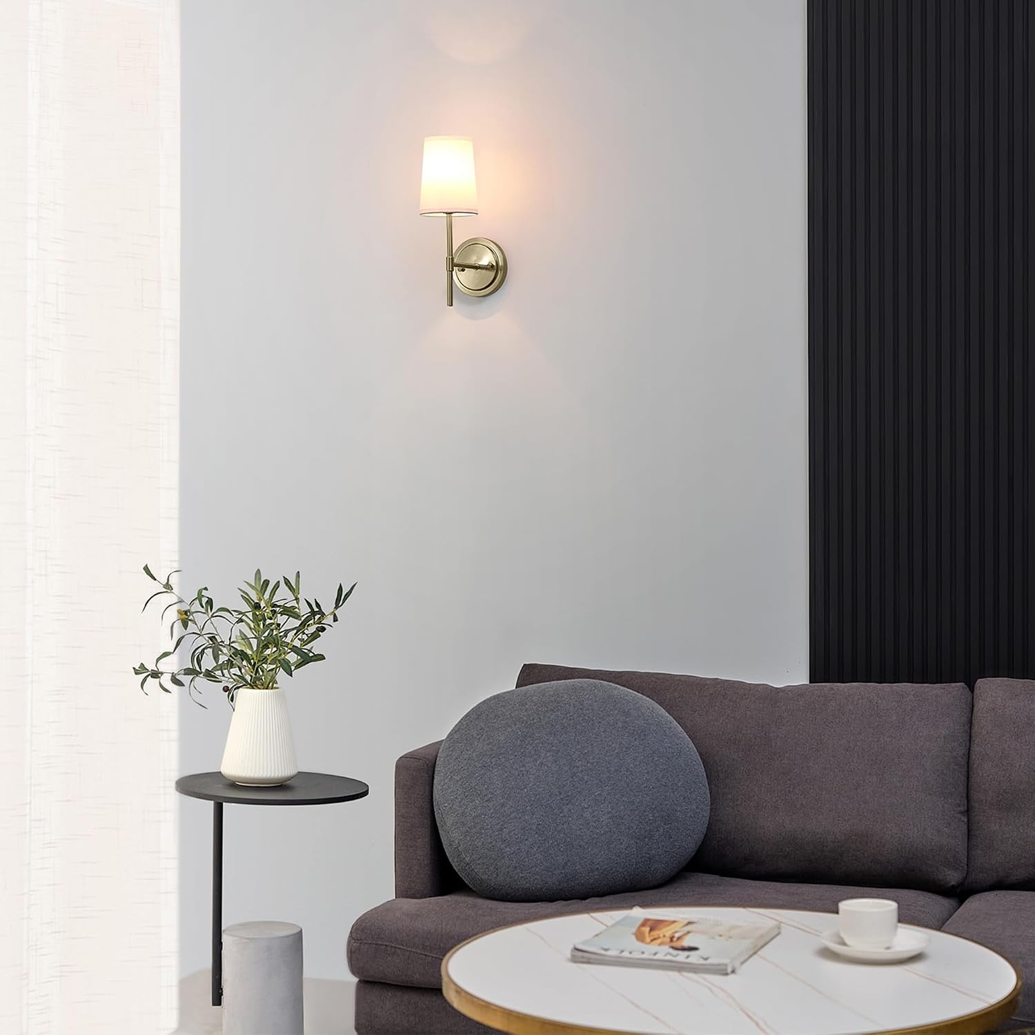 image:imageGlobe Electric 65000132 Rechargeable Battery Wall Sconce Integrated LED Matte Black Finish White Fabric Shade 3Step Touch Dimming Timer USBC Charging Wireless Modern LightingMatte Brass White Shade